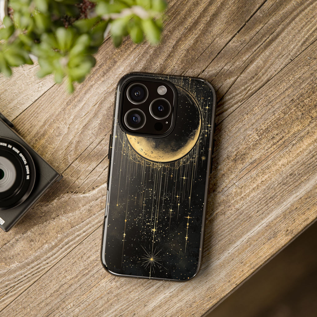 Moonlit Crescent Tough iPhone Case | Gold Stars Night Sky