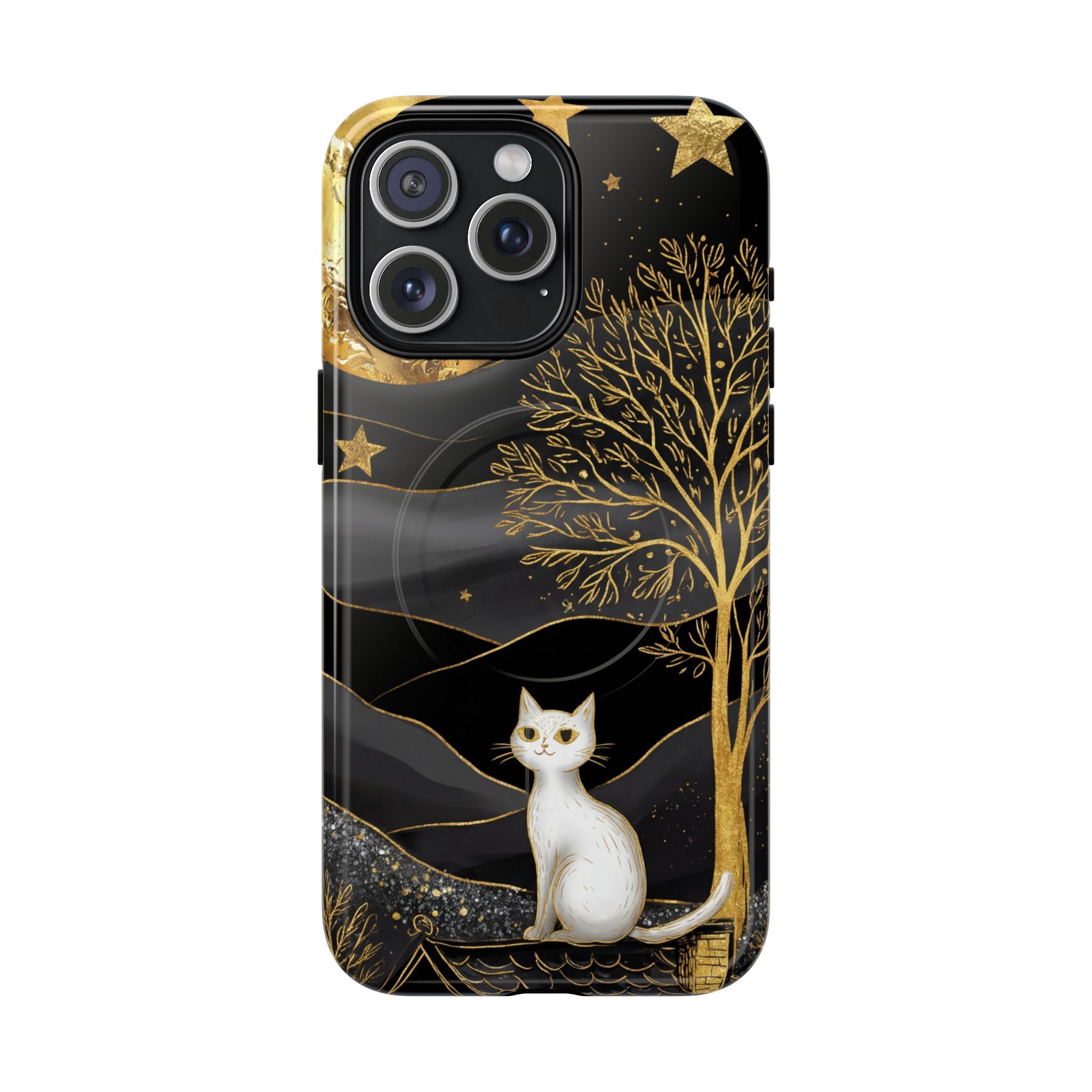 Custodia per iPhone Moonlit Cat | Custodia resistente MagSafe nera e oro