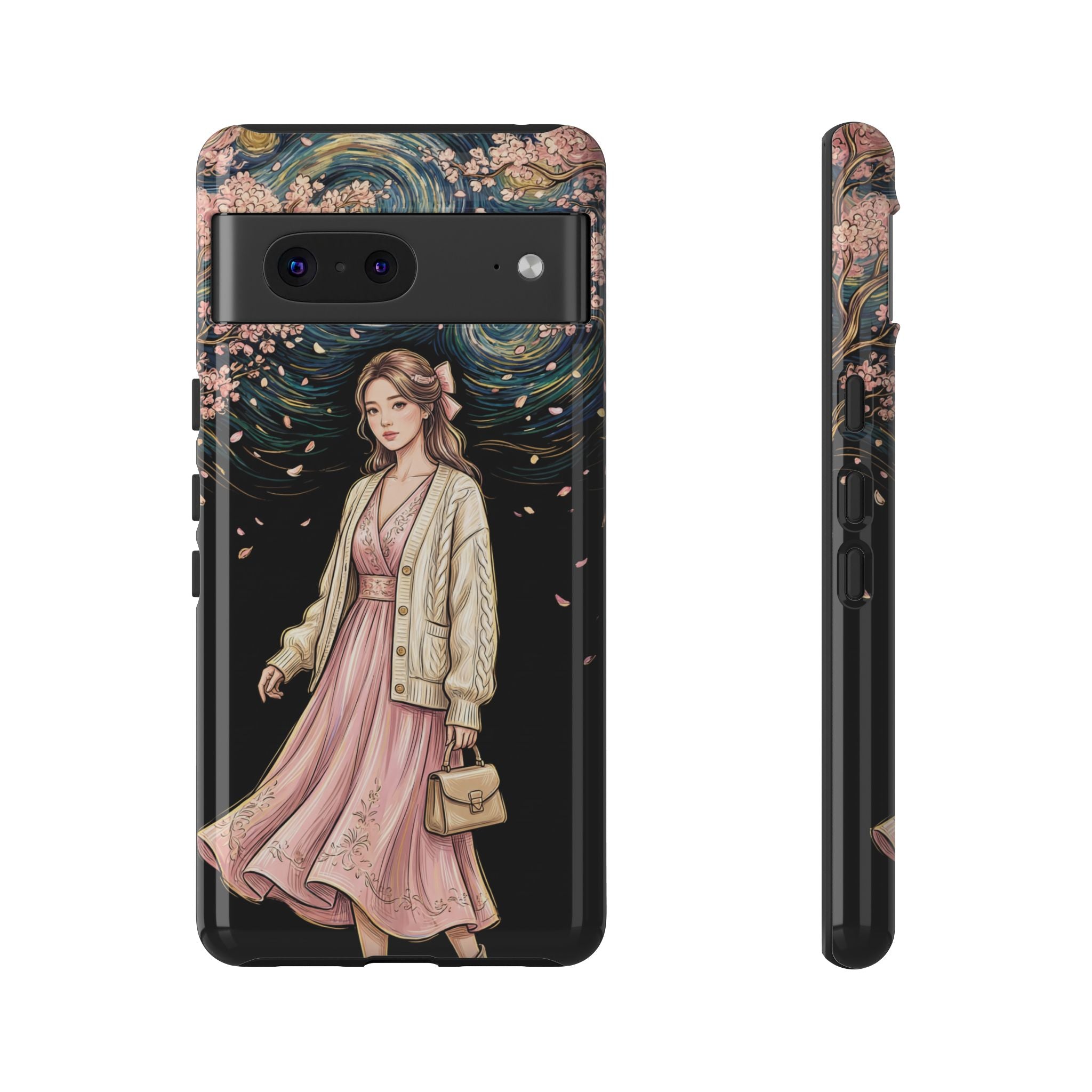 Floral Starry Night Google Pixel Phone Case | Elegant Girl in Pink Dress