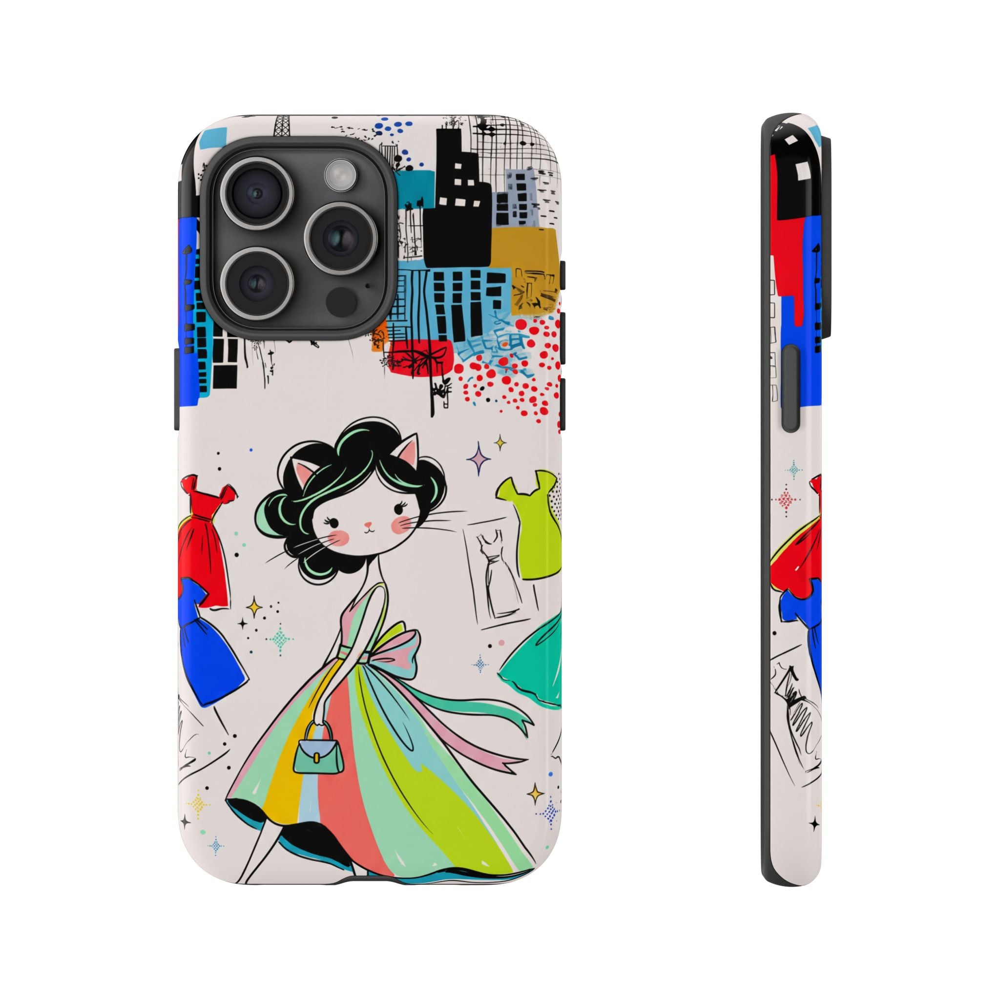 Retro Fashion Cat Girl iPhone Case | Cute Dress & City Print
