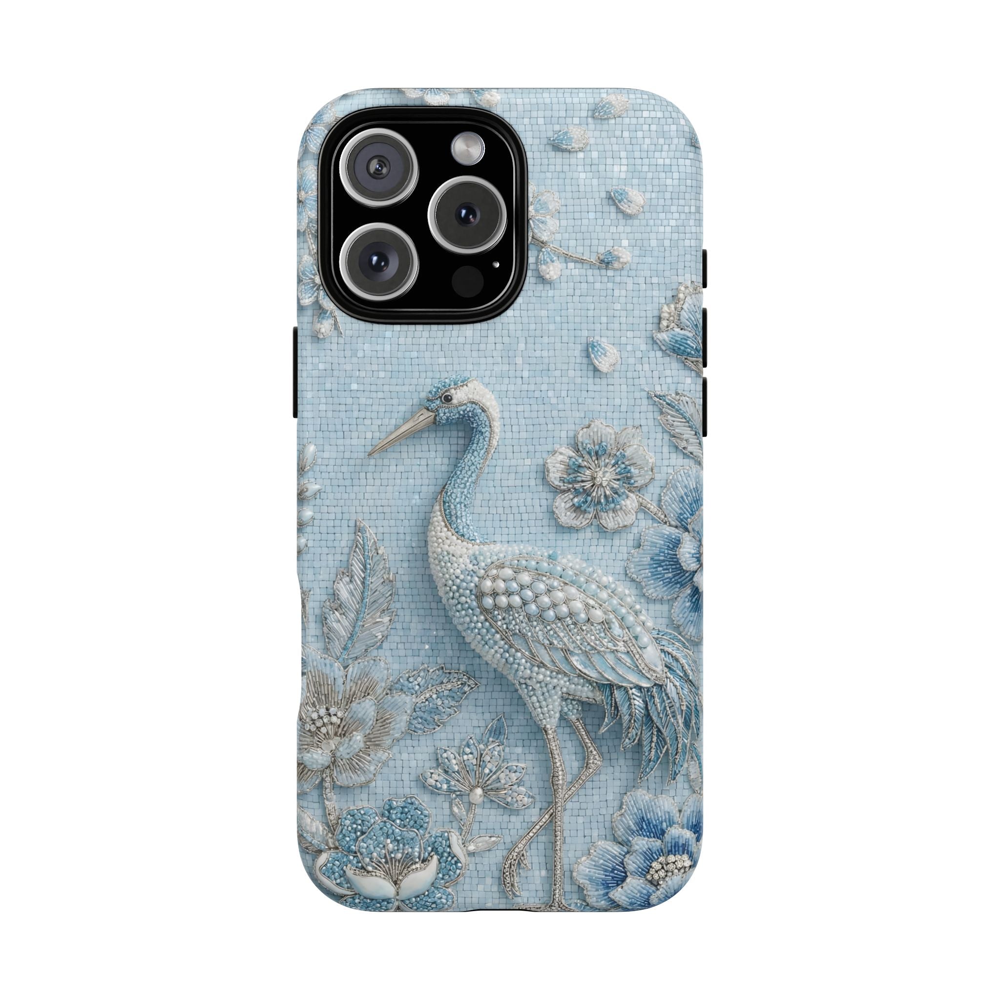 Blue Crane Floral MagSafe iPhone Case | Vintage Embossed Bird Design