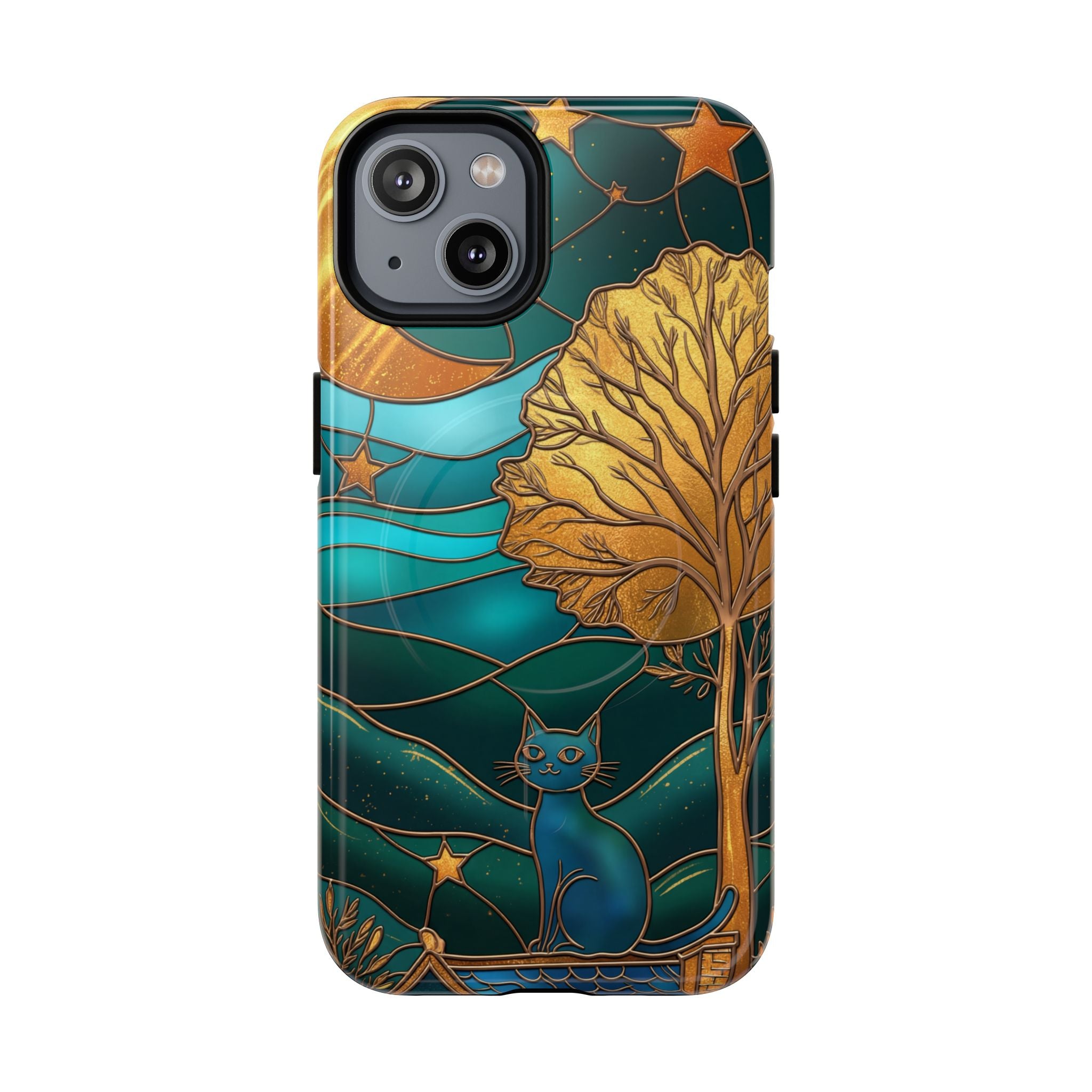 Art Nouveau Cat iPhone Case | Stained Glass Moon & Tree Tough MagSafe Case