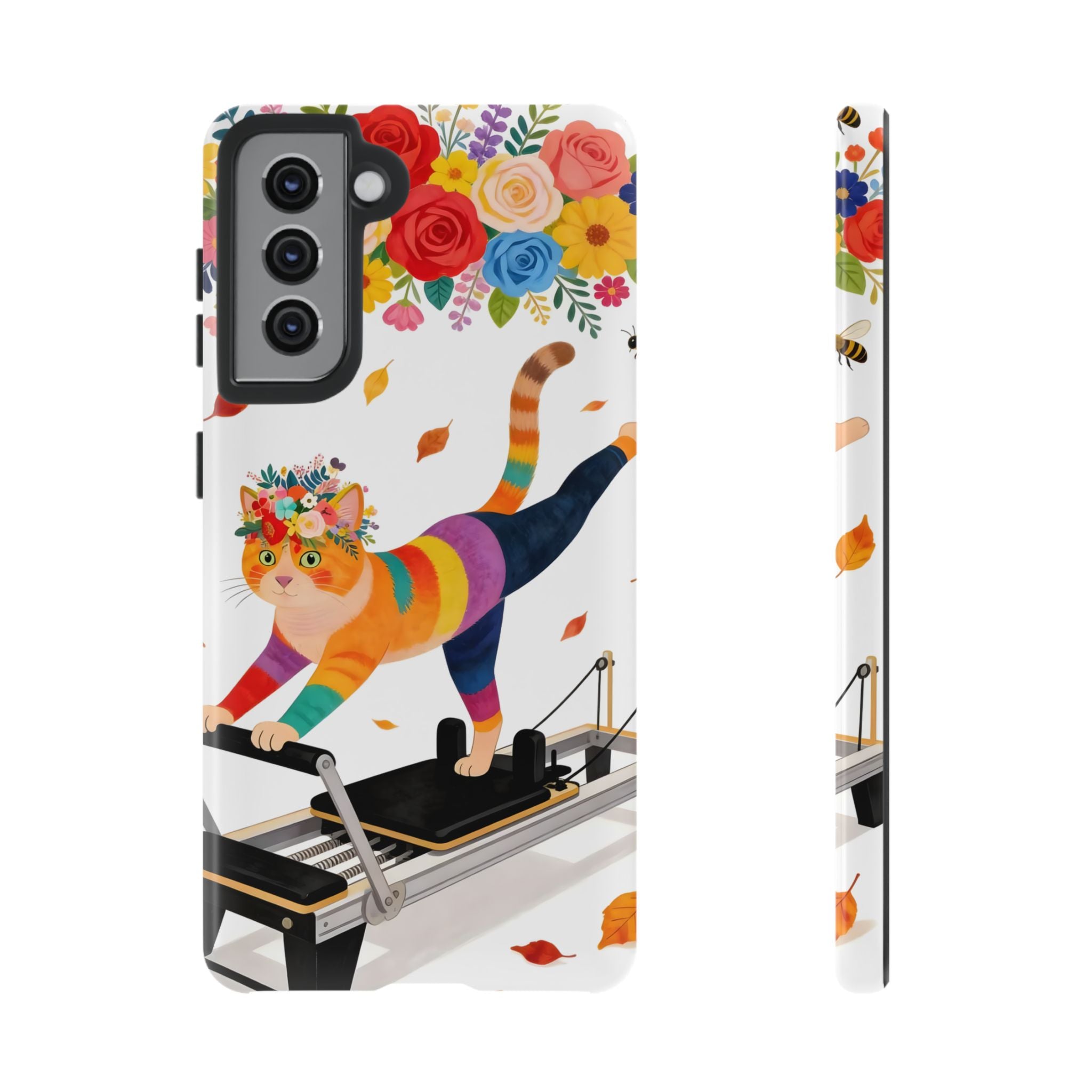 Cat Pilates Samsung Galaxy Phone Case | Floral Rainbow Cat on Reformer