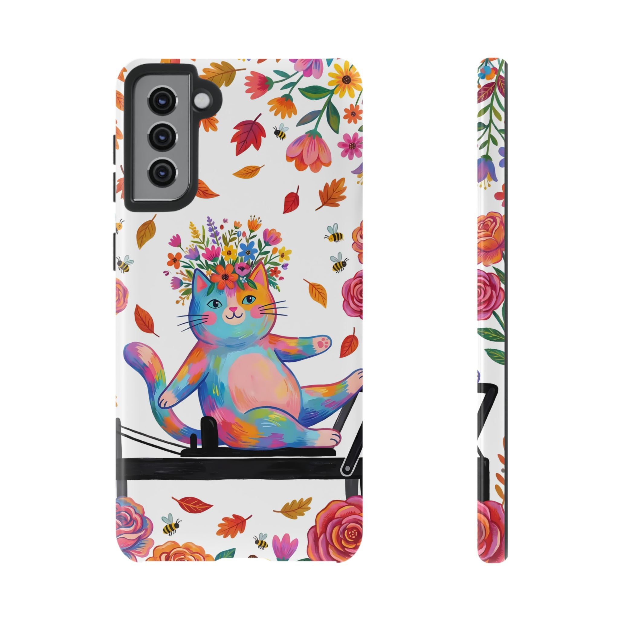 Colorful Floral Cat on Pilates Reformer Protective Samsung Galaxy Phone Case