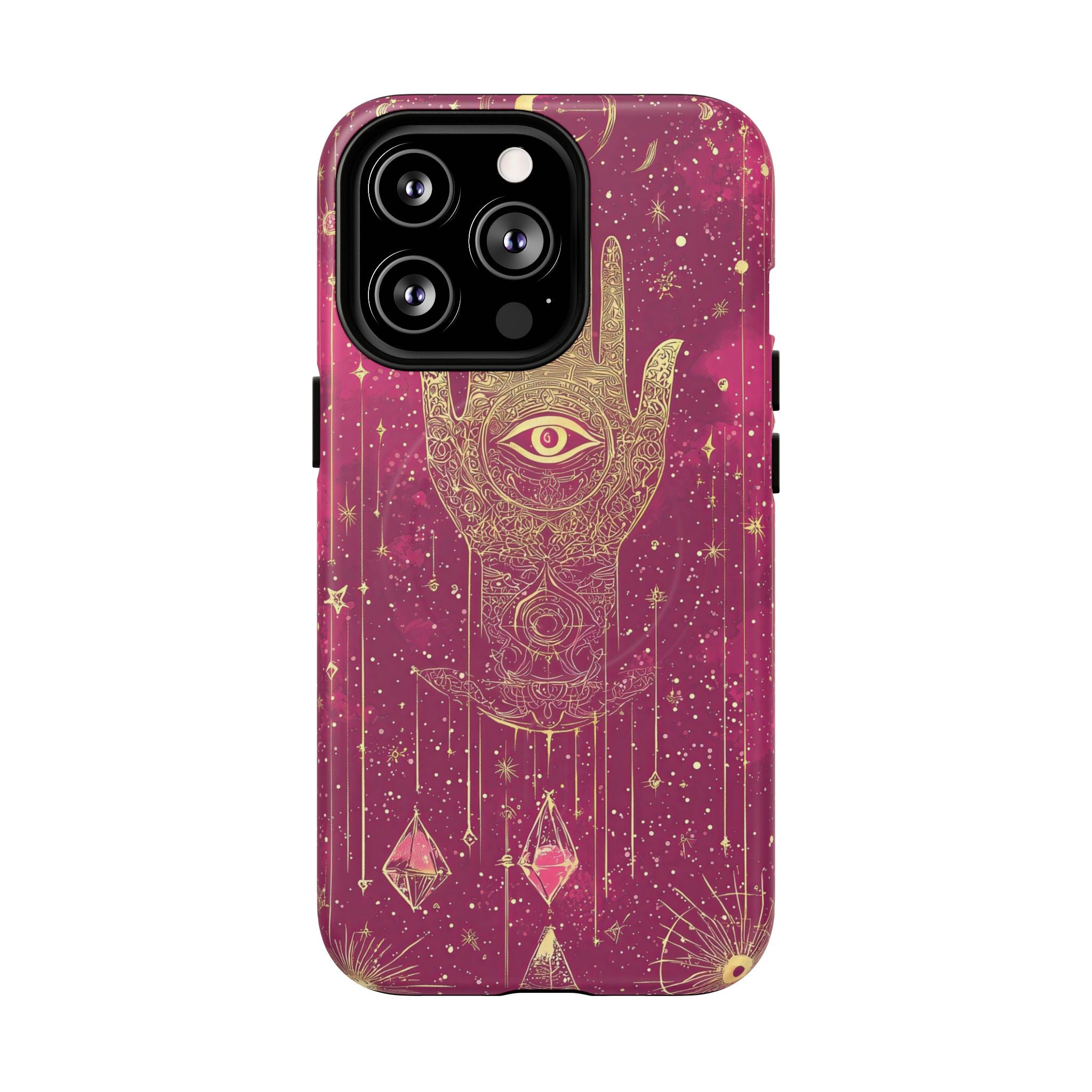 Custodia MagSafe per iPhone Mystic Hamsa | Palma dorata e occhio onniveggente su galassia magenta
