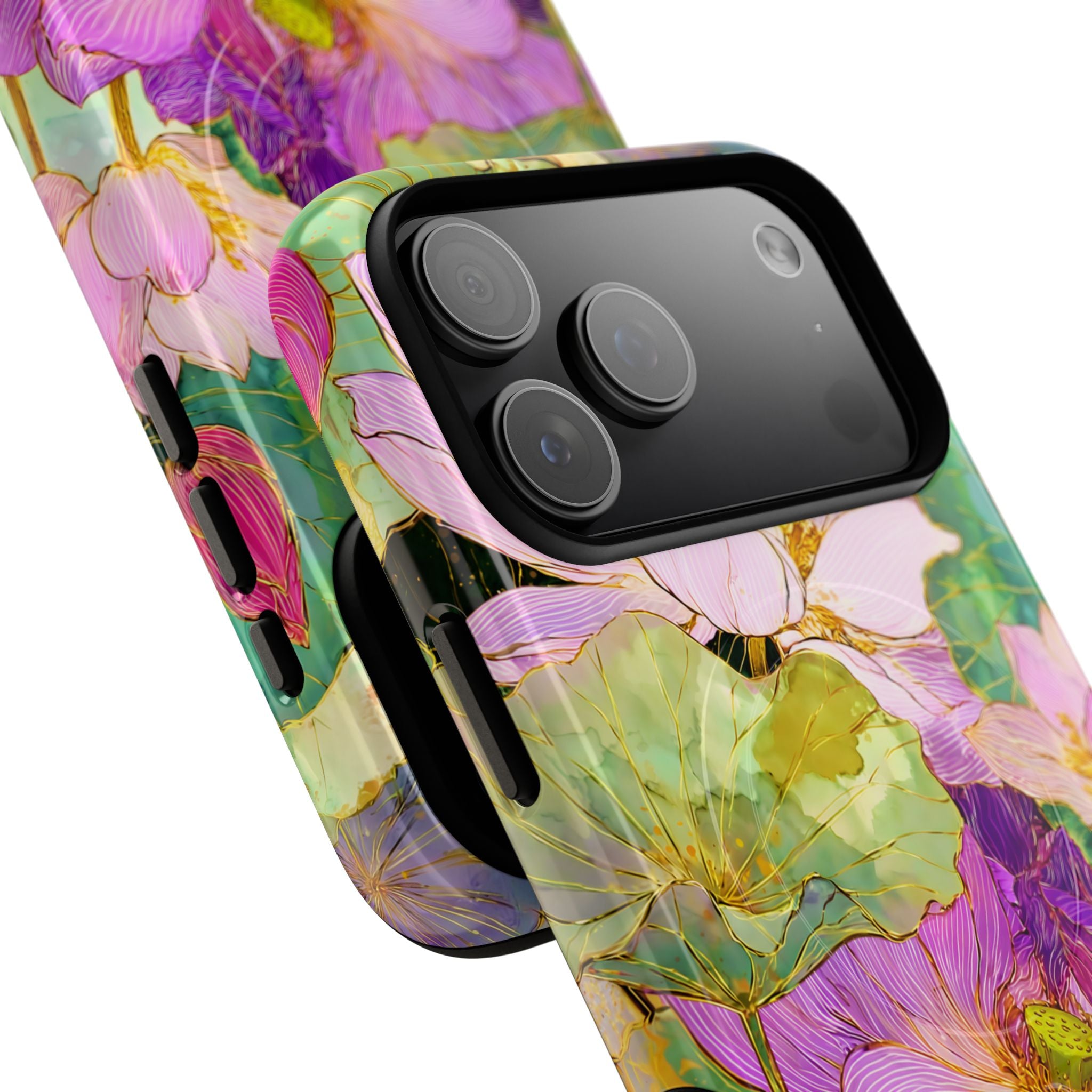Floral Watercolor Tough MagSafe iPhone Case | Pink Lotus Garden Protective Cover