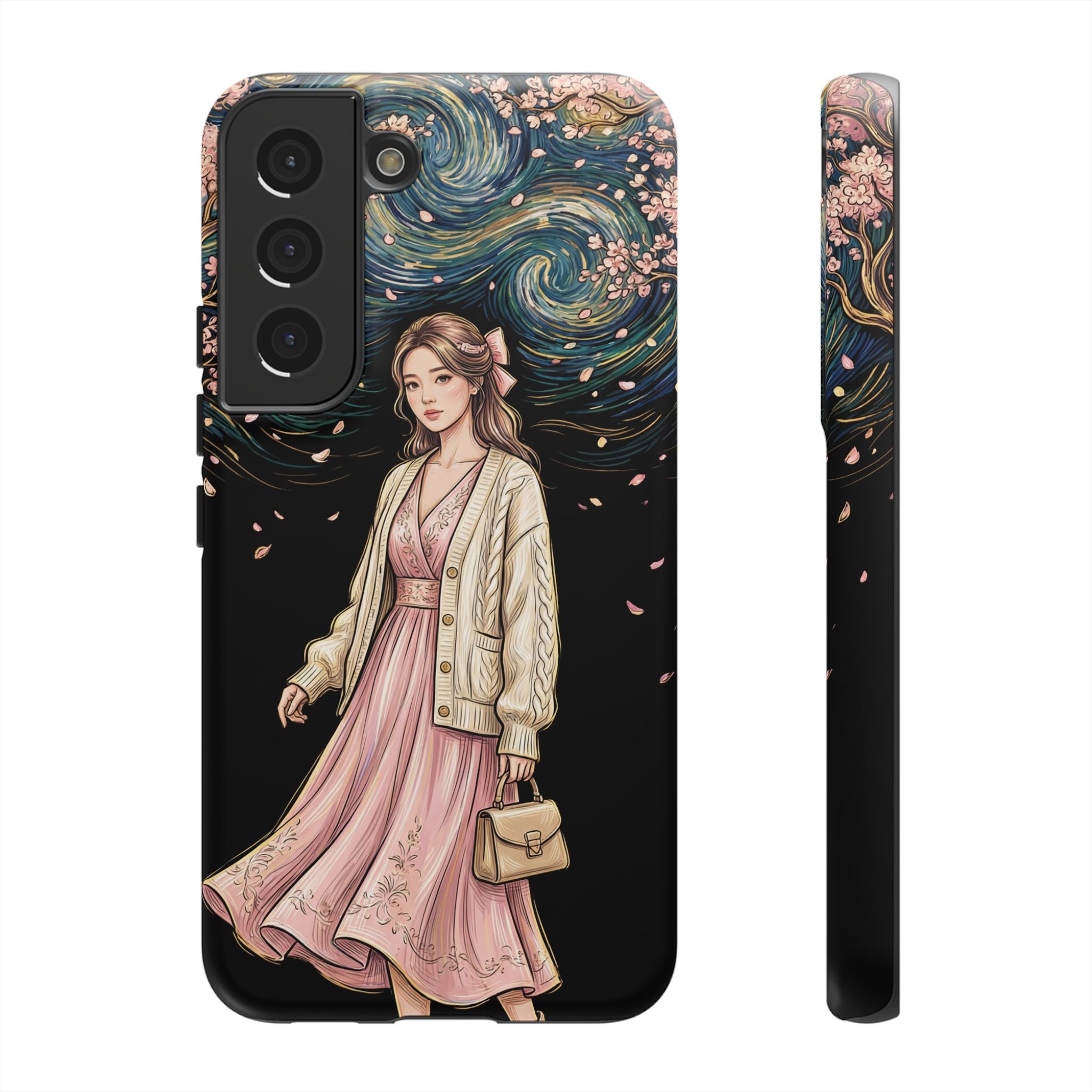 Floral Starry Night Samsung Galaxy Phone Case | Elegant Girl in Pink Dress
