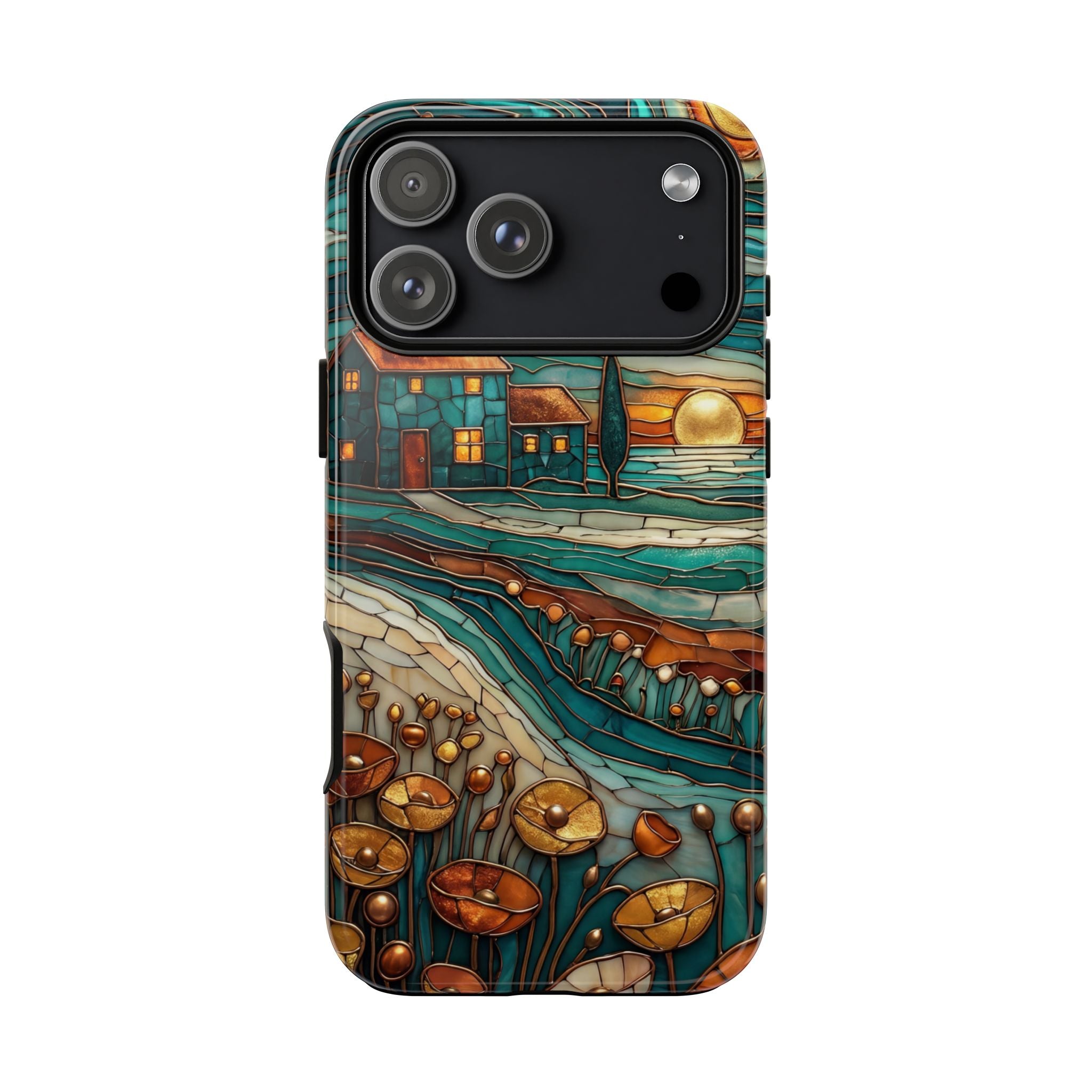 Artistic Sunset Cottage iPhone Case | Whimsical Floral Landscape Protective Cover