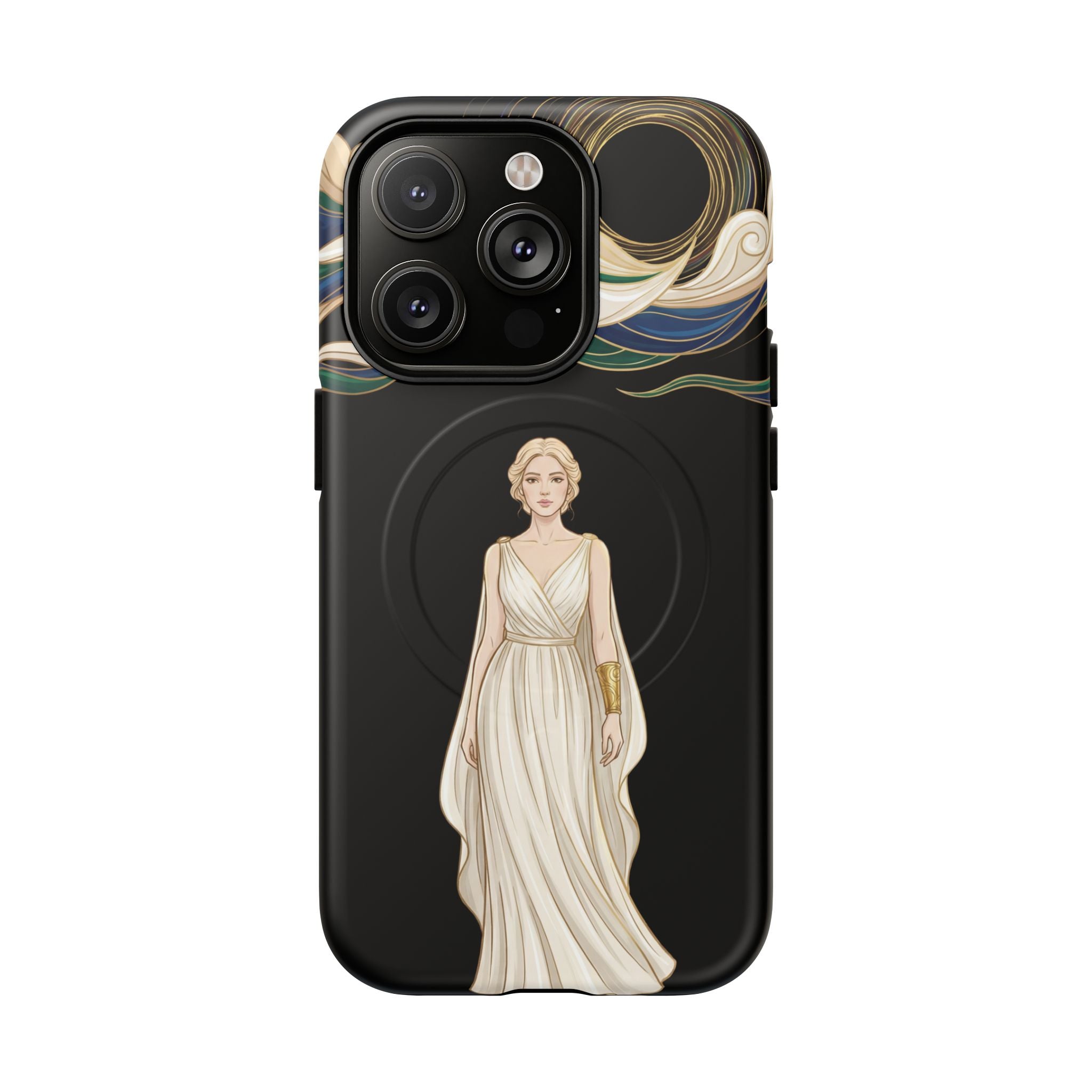 Art Nouveau Goddess MagSafe iPhone Case | Elegant Woman Illustration on Black