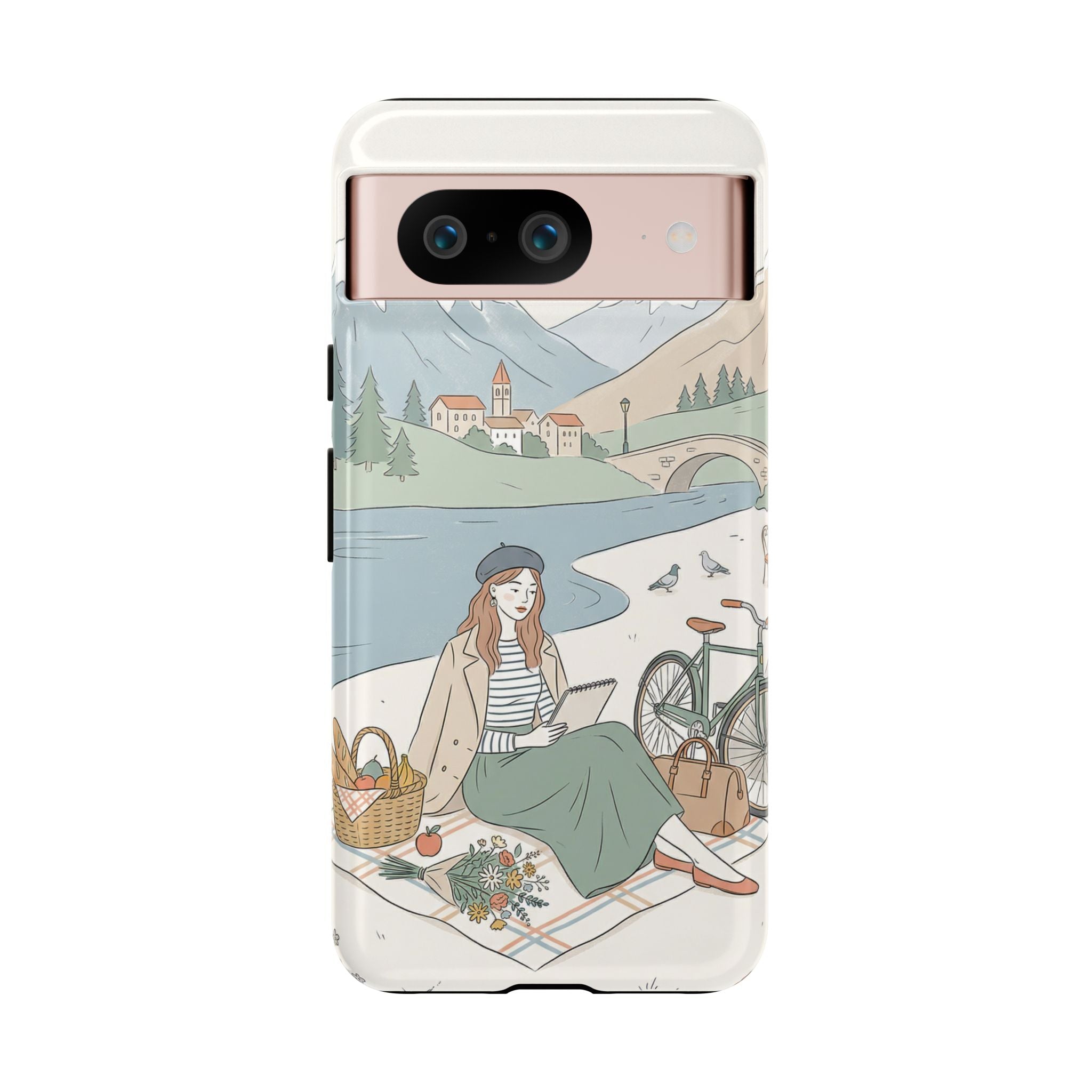 Scenic Picnic Google Pixel Phone Case | Vintage Bicycle & Mountain Illustration