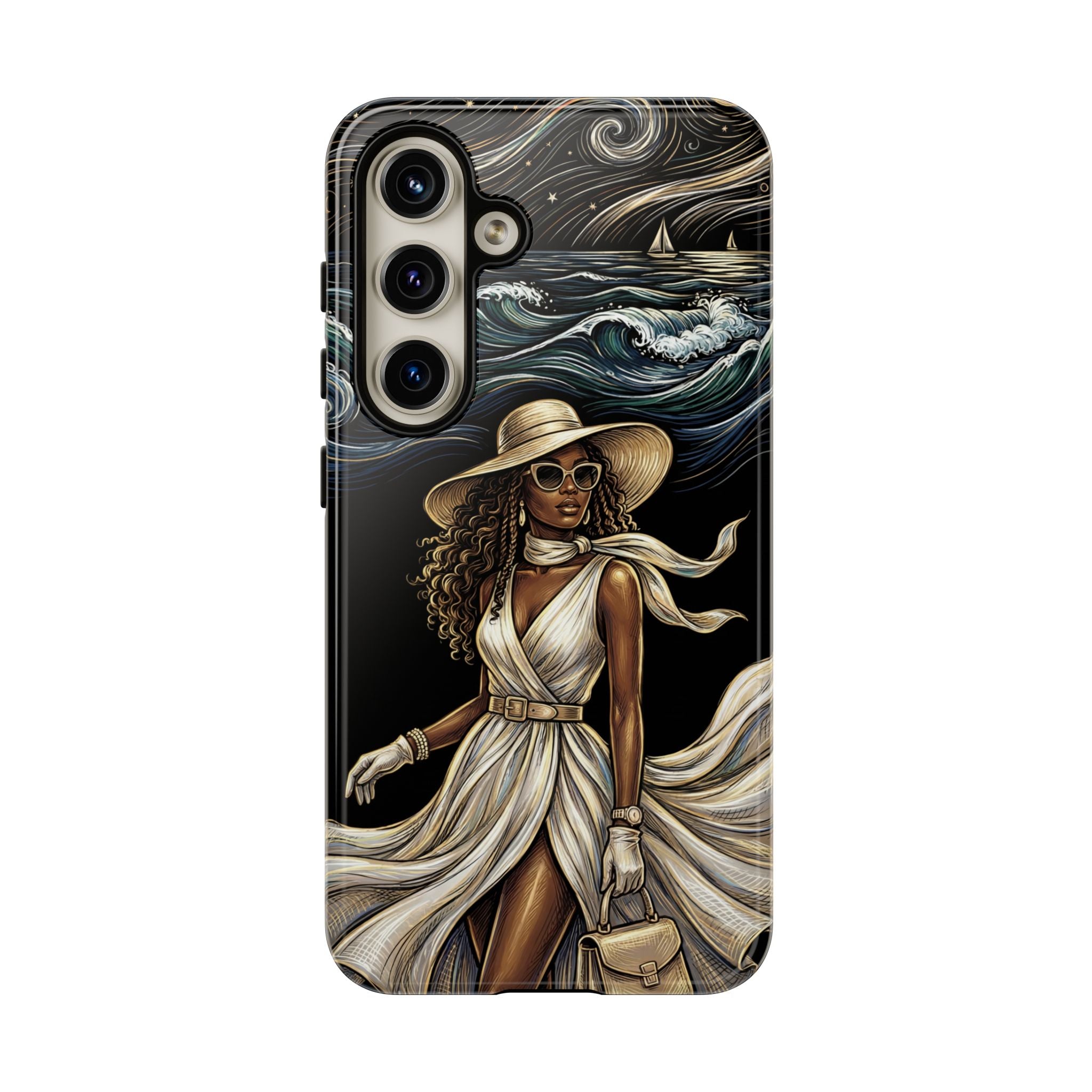 Samsung Galaxy Phone Case | Elegant Black Woman in Flowing Dress by the Sea