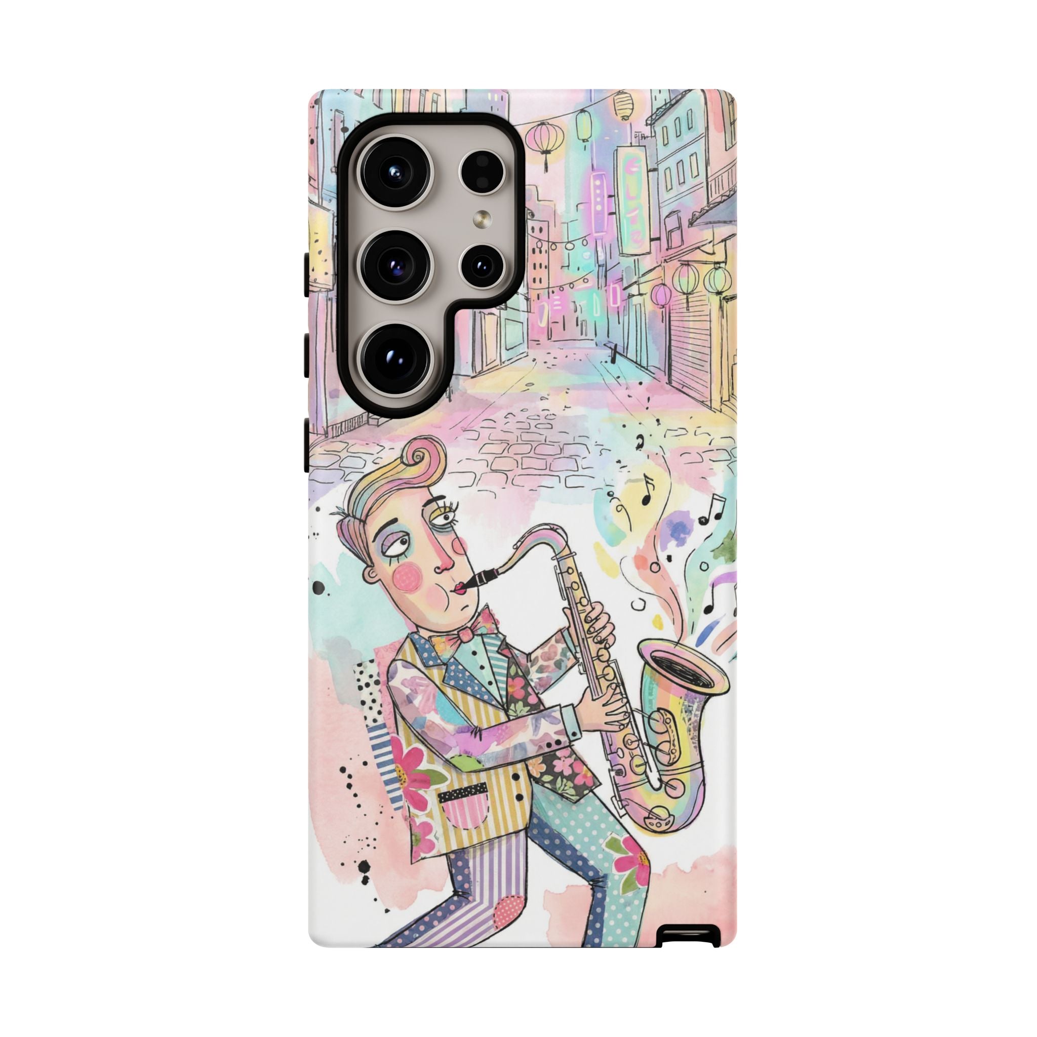 Sax Player Art Samsung Galaxy Phone Case | Pastel Jazz Street Illustration