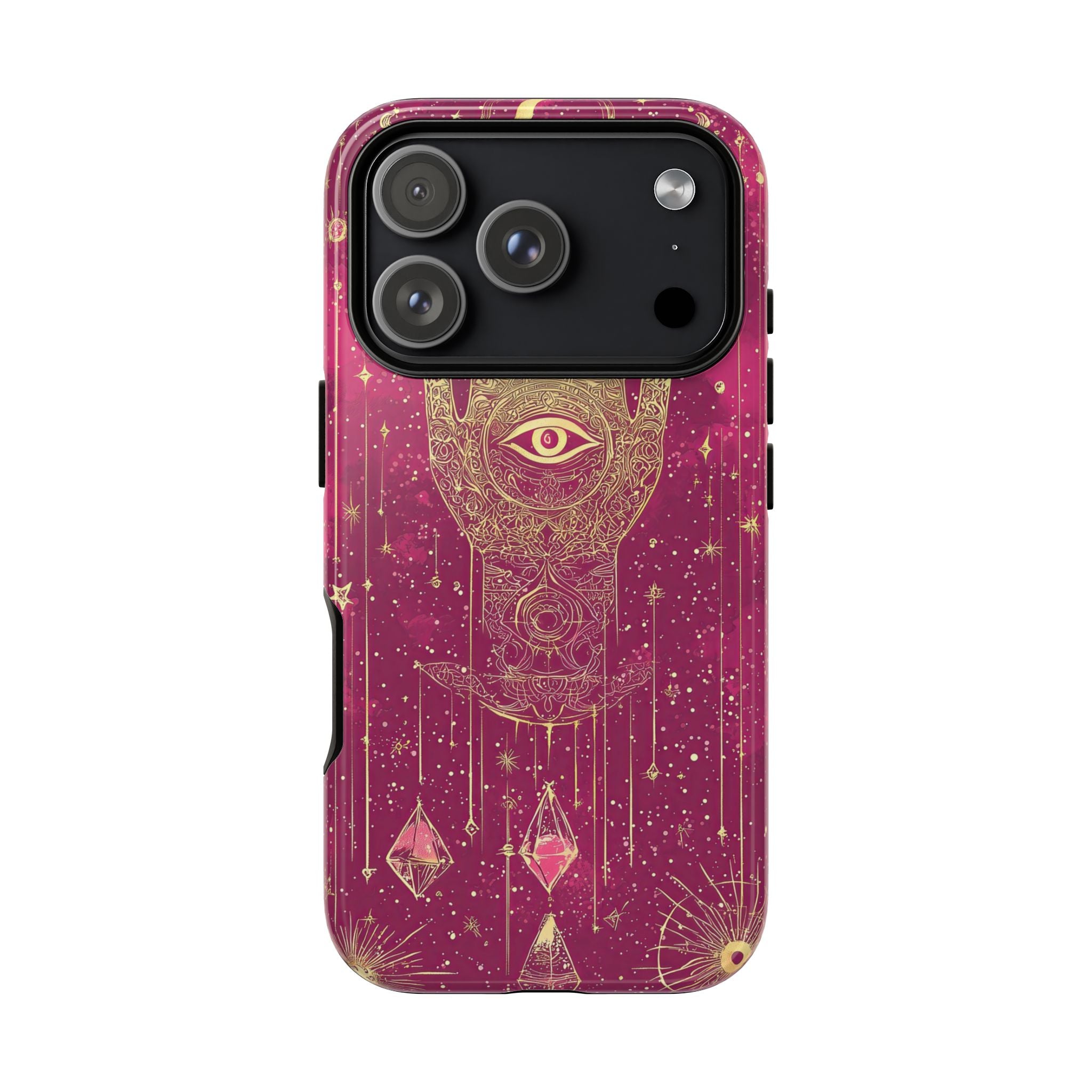 Mystic Hamsa iPhone Case | Gold Palm & All-Seeing Eye on Magenta Galaxy