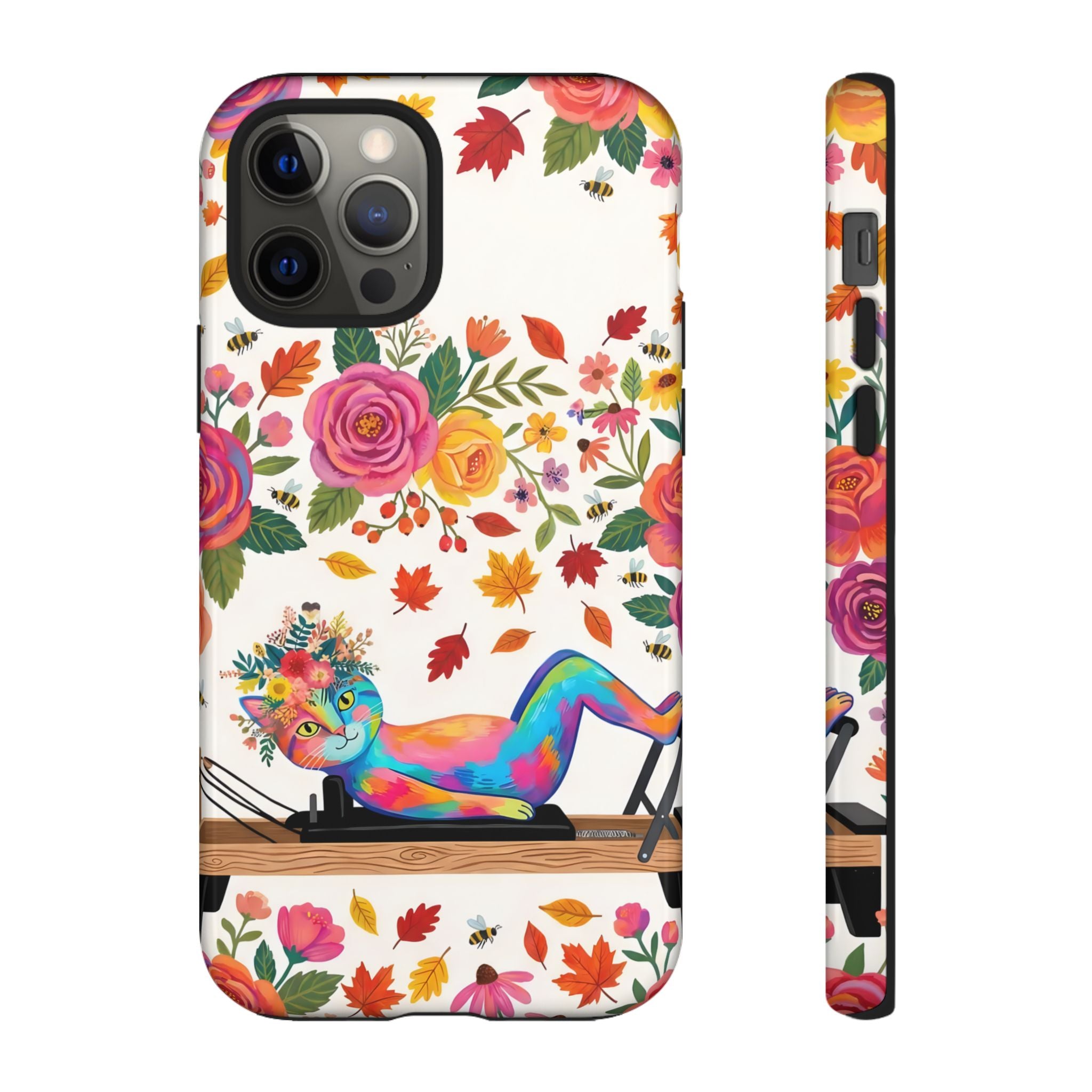 Autumn Floral Pilates iPhone Case | Colorful Rainbow Pilates Cat on Falling Leaves