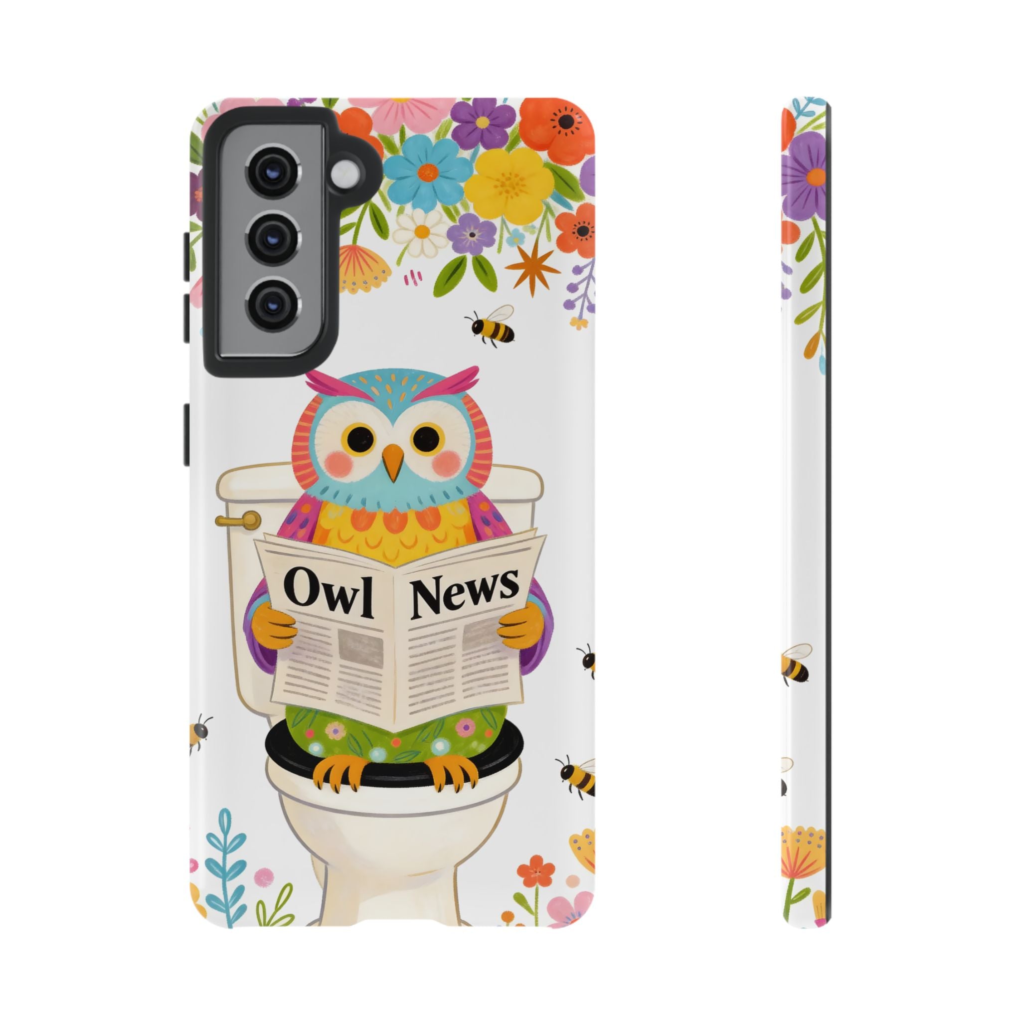 Owl News Floral Samsung Galaxy Phone Case | Cute Owl Reading Newspaper on Toilet