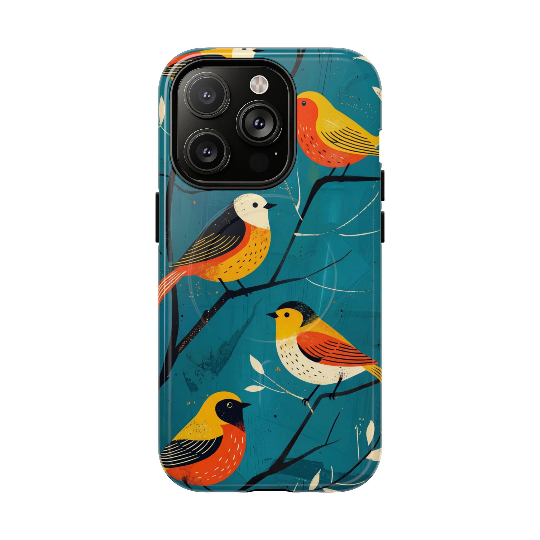 Bird Pattern Tough MagSafe iPhone Case | Colourful Songbirds on Teal Background
