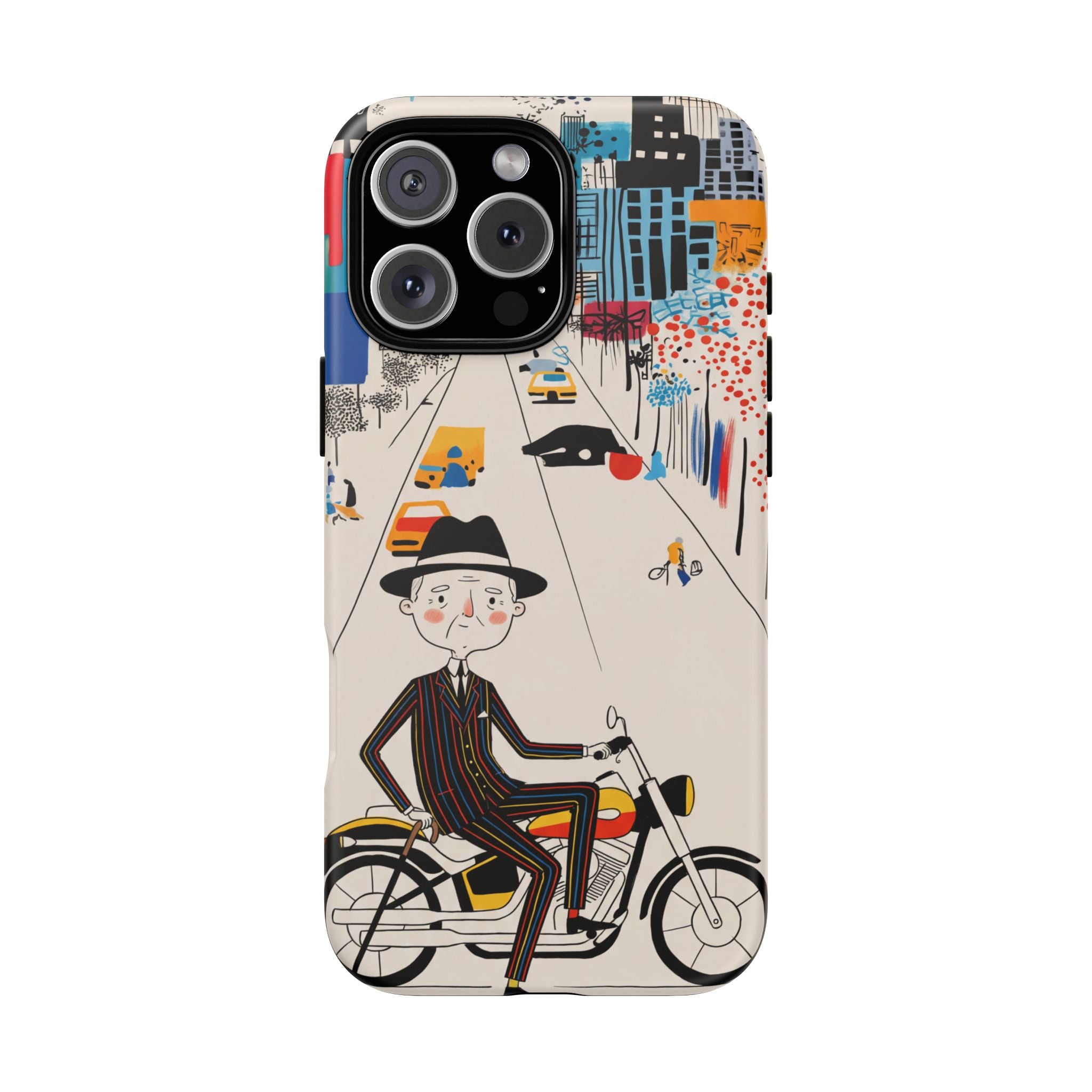 Vintage Grandpa Rider Motorcycle iPhone Case | Illustrated Cityscape