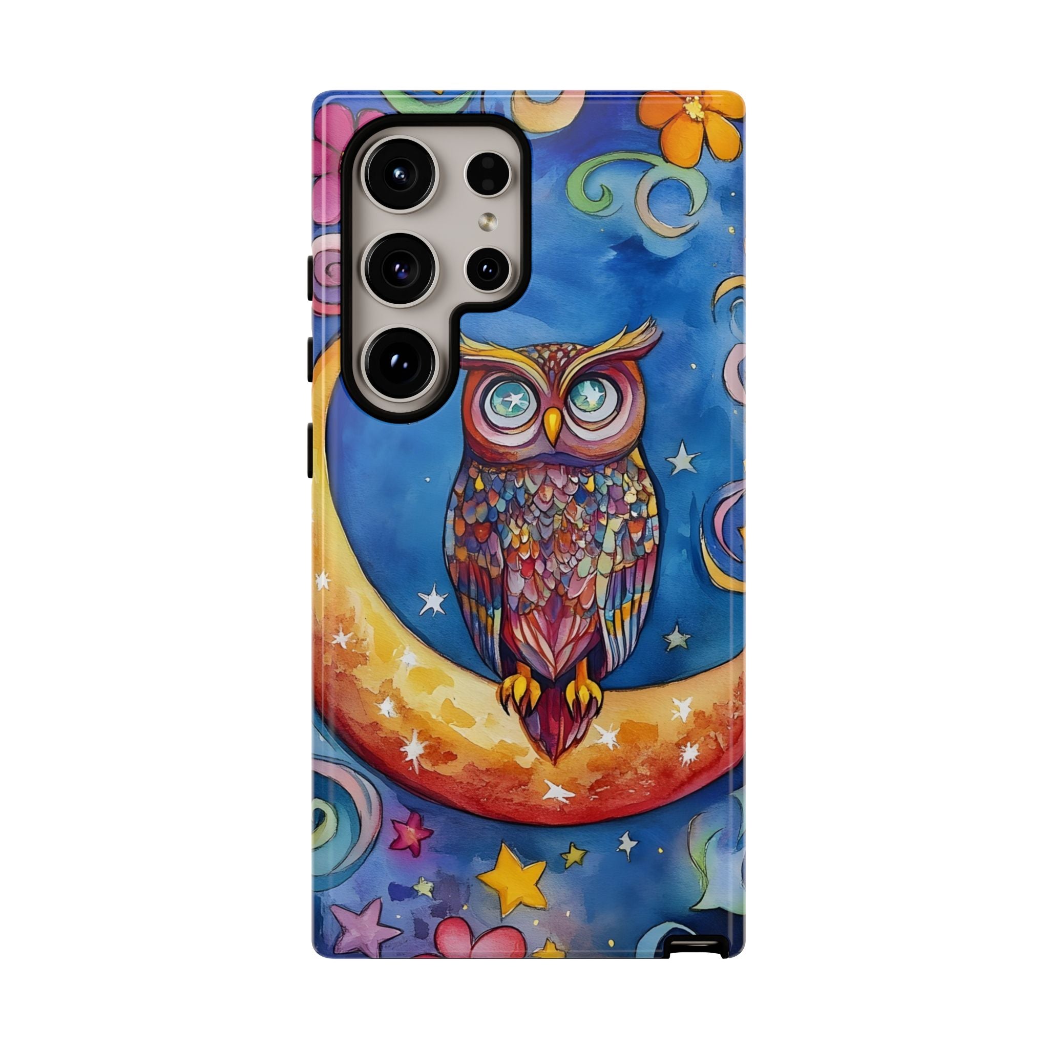 Owl on Crescent Moon Samsung Galaxy Case — Colourful Whimsical Night Sky Design
