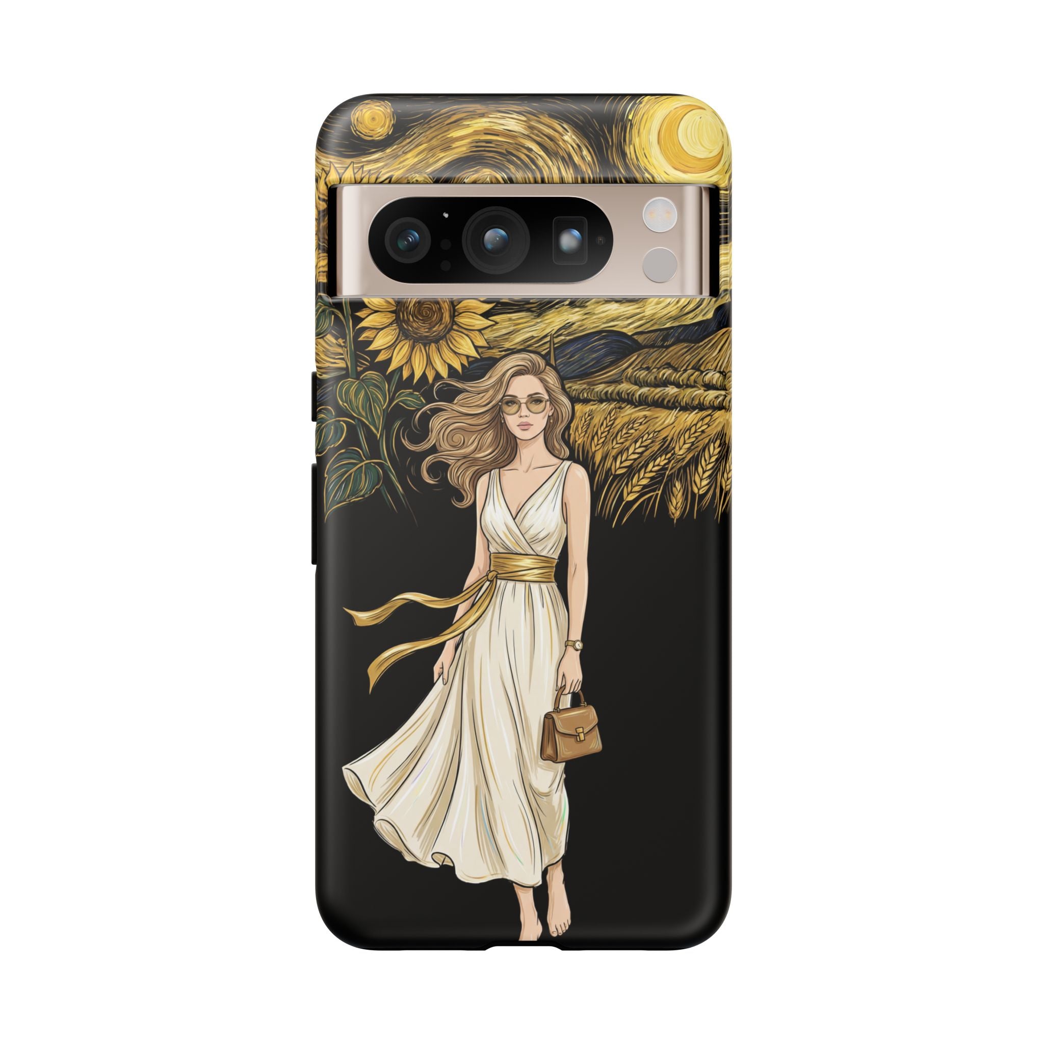 Sunflower Night Google Pixel Phone Case | Woman in Flowing Dress Van Gogh Style