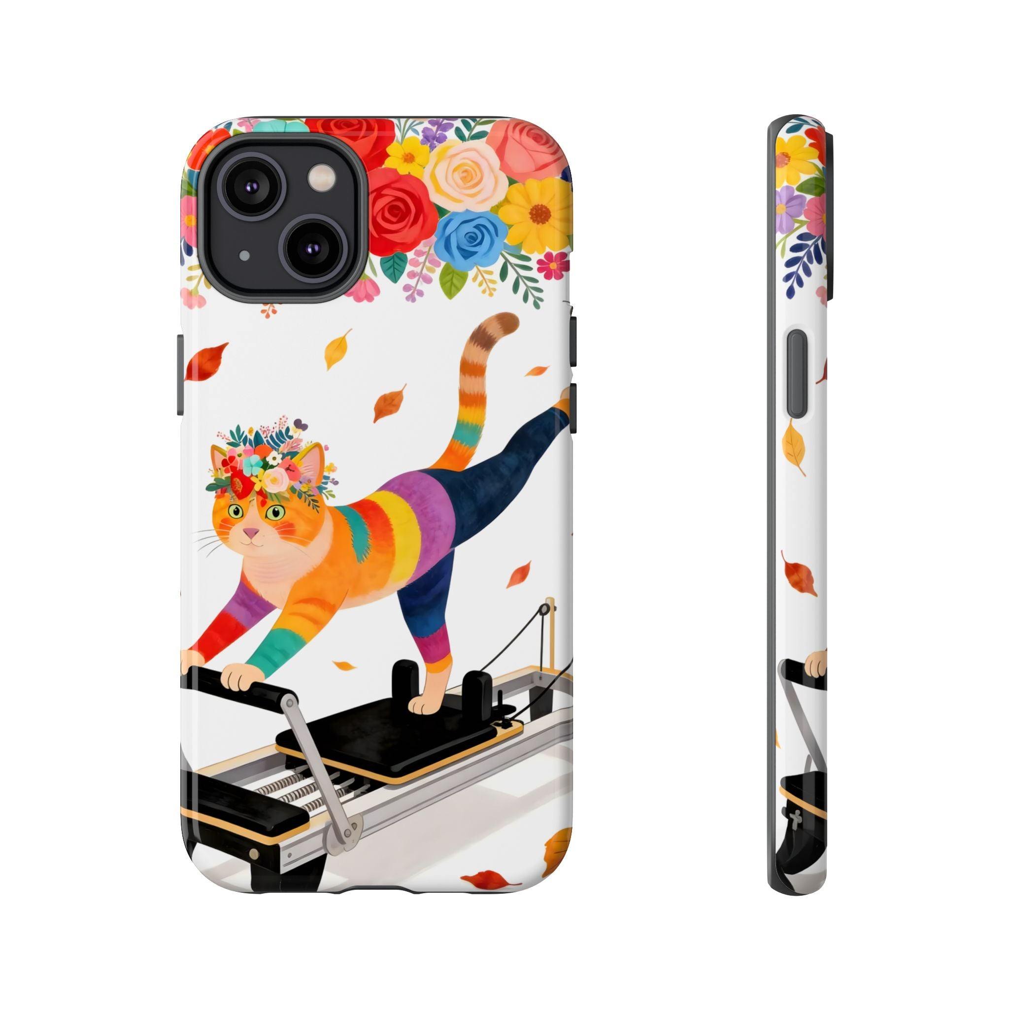 Cat Pilates iPhone Case | Floral Rainbow Cat on Reformer