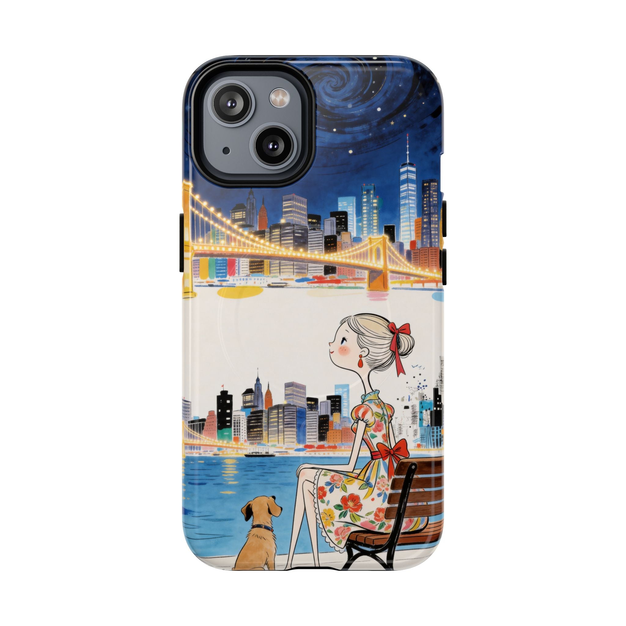 City Night MagSafe iPhone Case | Cute Girl & Dog Bench Illustration