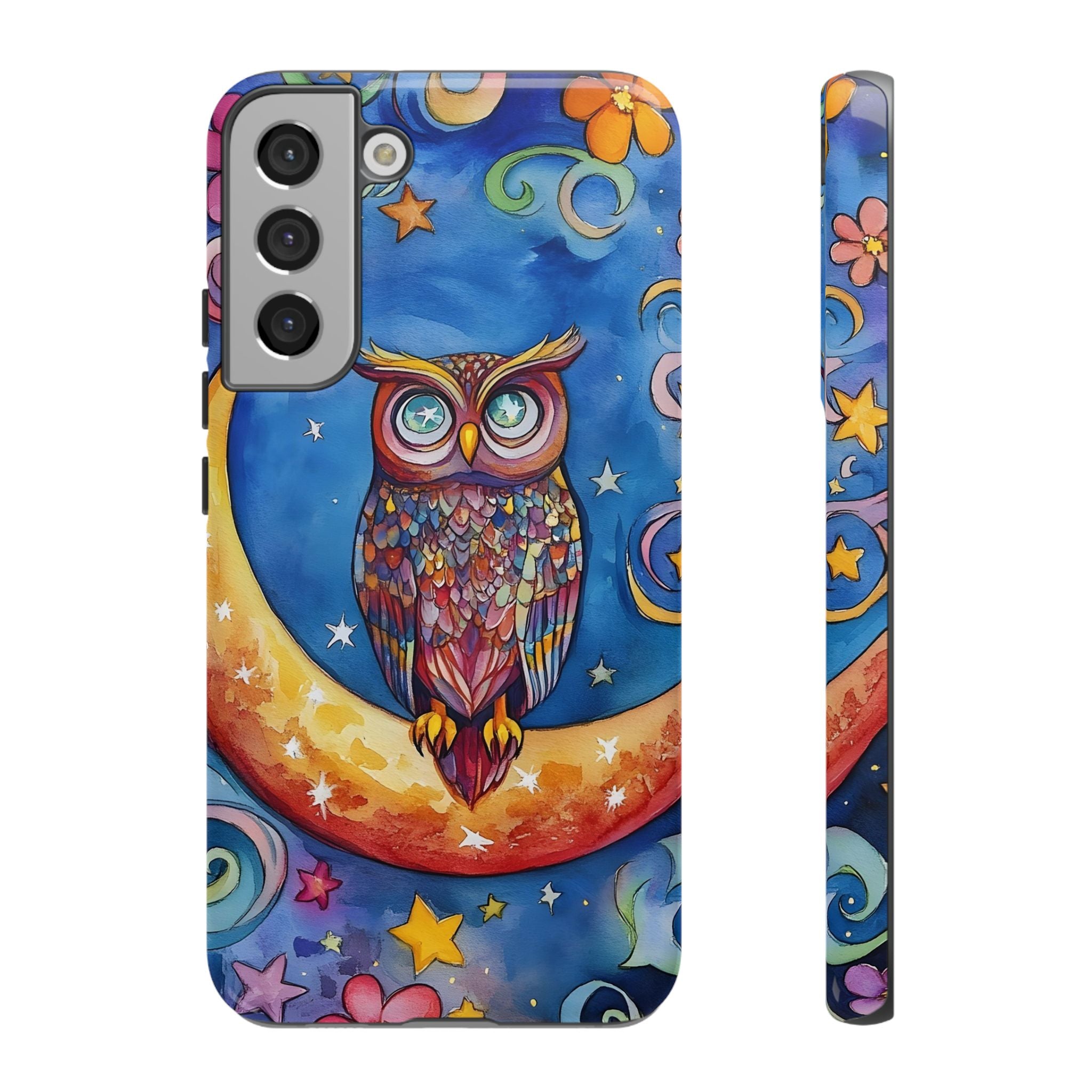 Owl on Crescent Moon Samsung Galaxy Case — Colourful Whimsical Night Sky Design