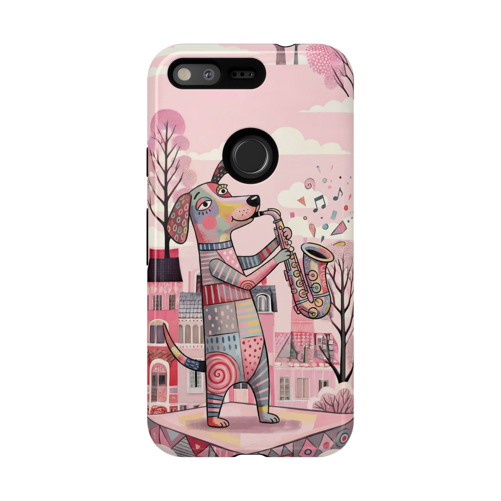 Saxophone Dog Google Pixel Phone Case | Cute Pink Musical Art Protective Case