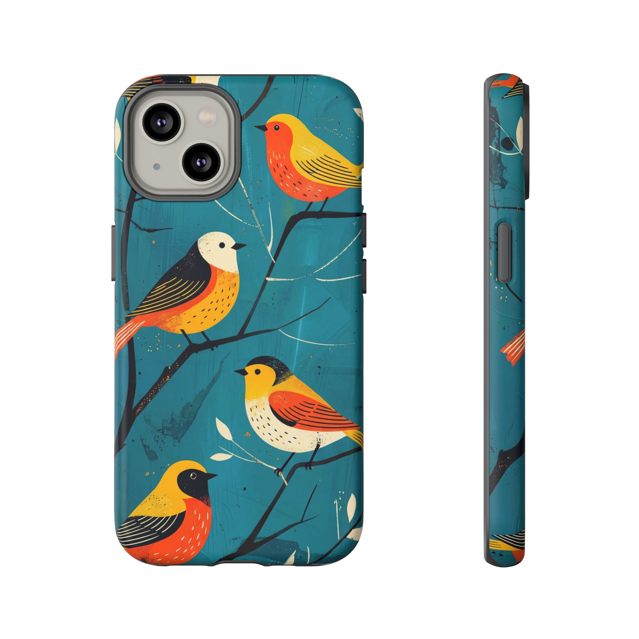Bird Pattern Tough iPhone Case | Colourful Songbirds on Teal Background