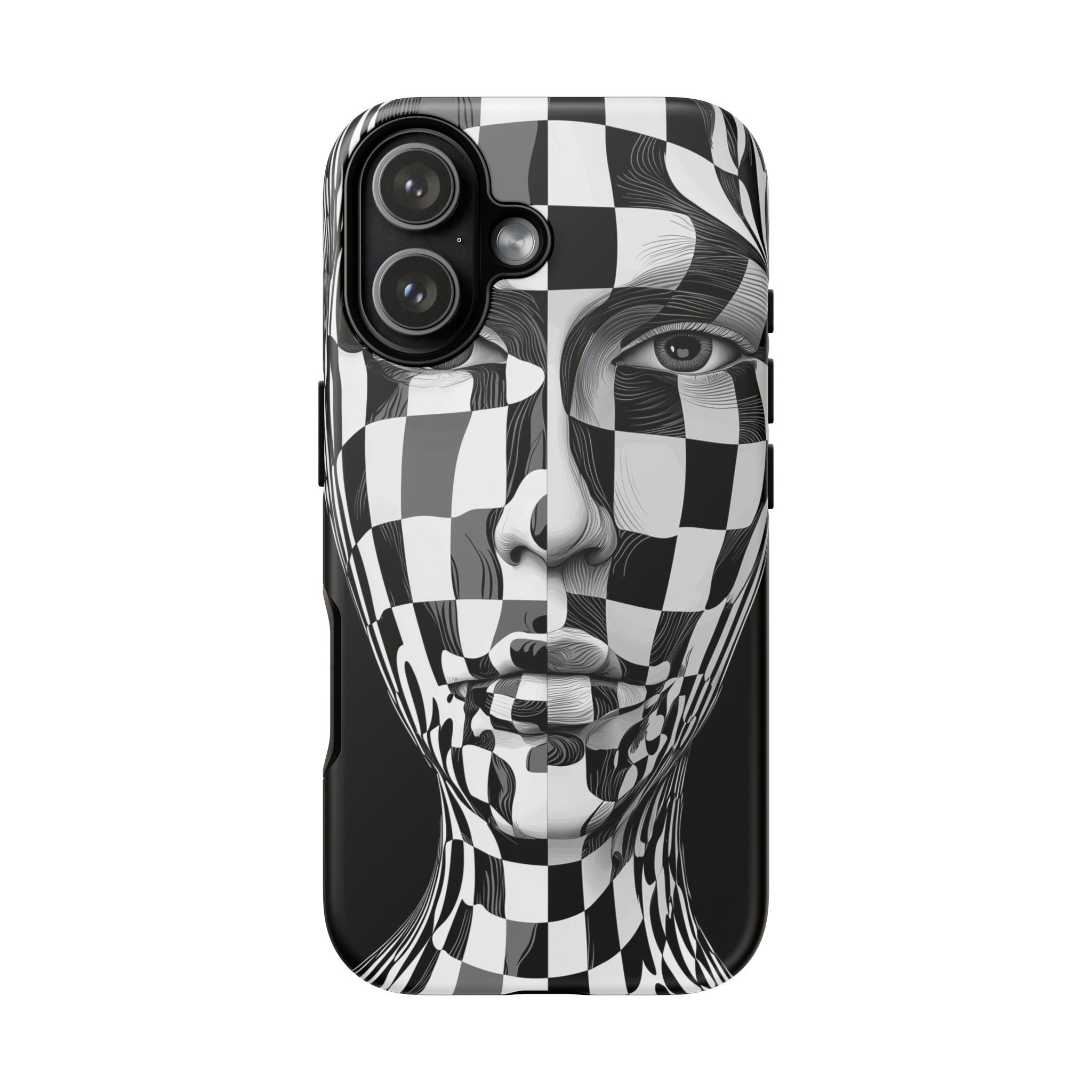 Checkerboard Face Tough iPhone Case — Black & White Surreal Art Protective Cover