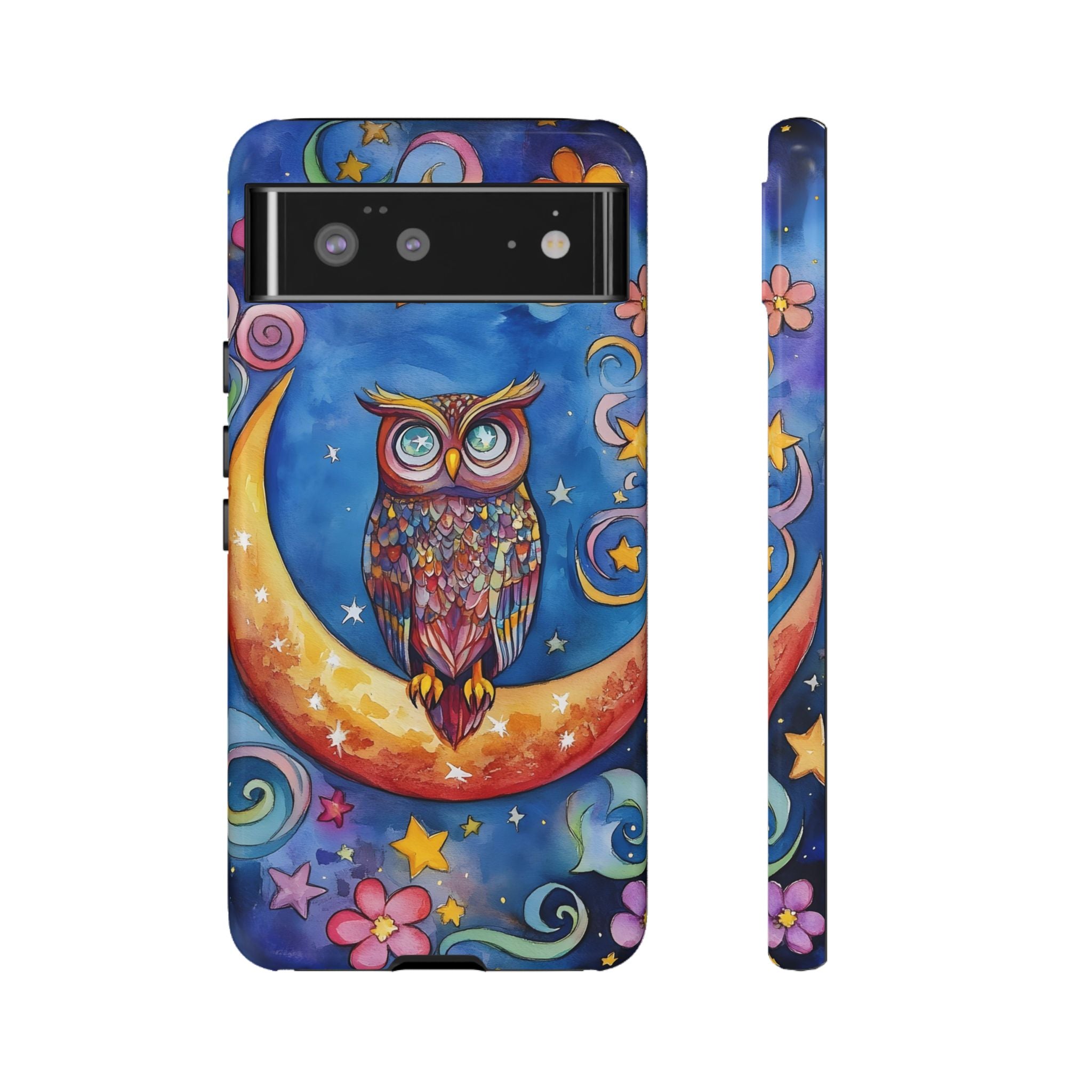 Owl on Crescent Moon Google Pixel Case — Colourful Whimsical Night Sky Design