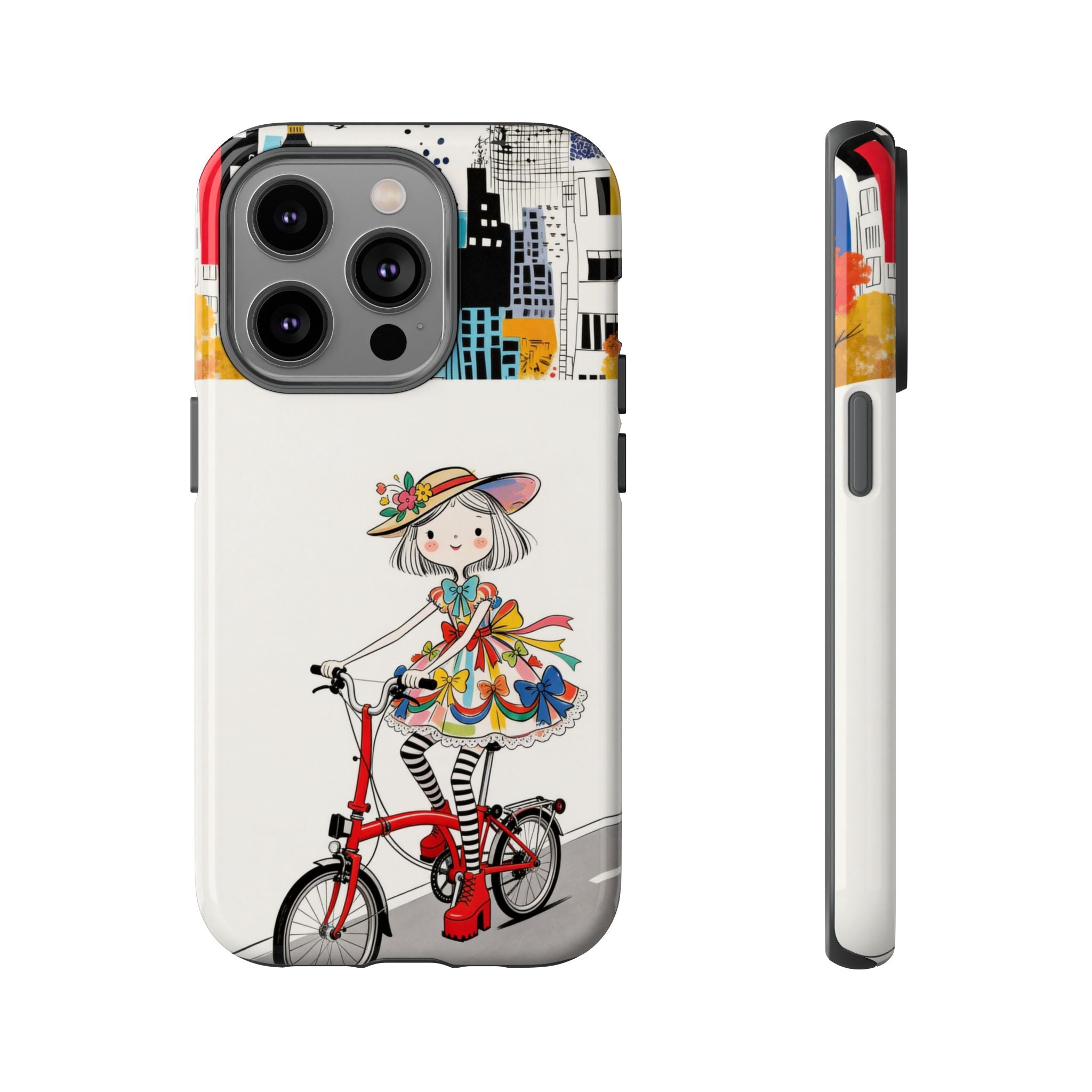 Whimsical Girl on Brompton Bicycle Urban Illustration iPhone Case