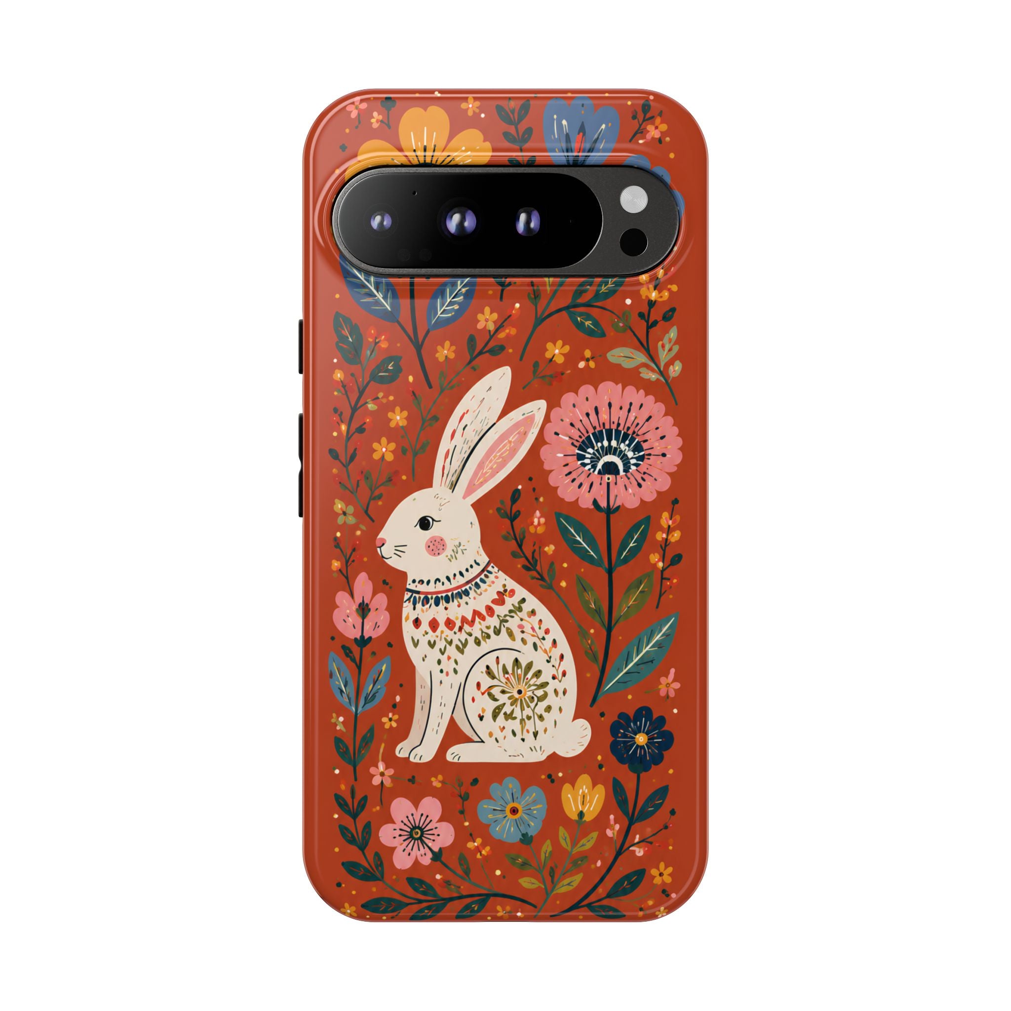 Floral Rabbit Tough Google Pixel Phone Case | Protective Phone Case with Folk Art Bunny Design
