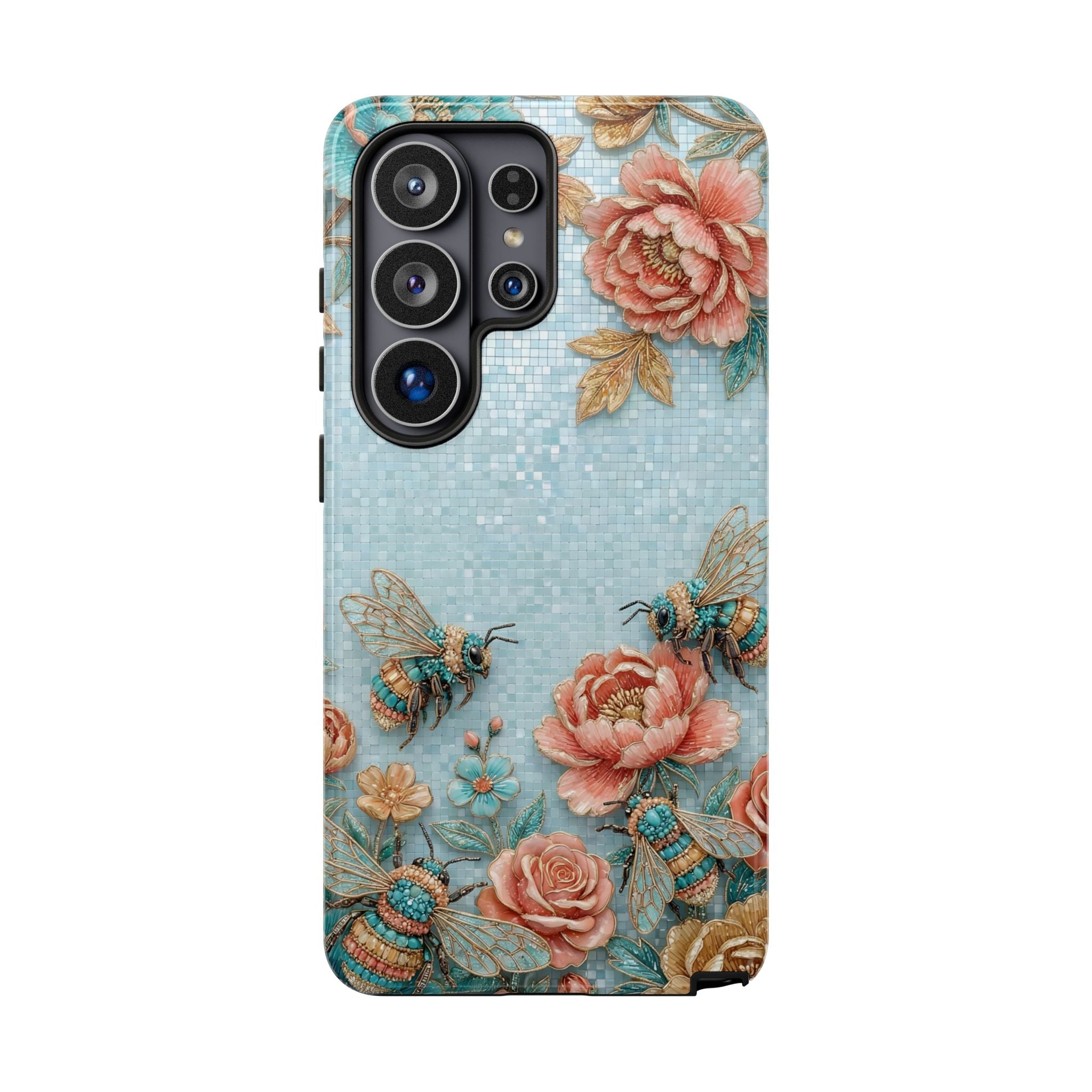 Floral Bees Samsung Galaxy Phone Case | Vintage Rose & Turquoise Protective Cover