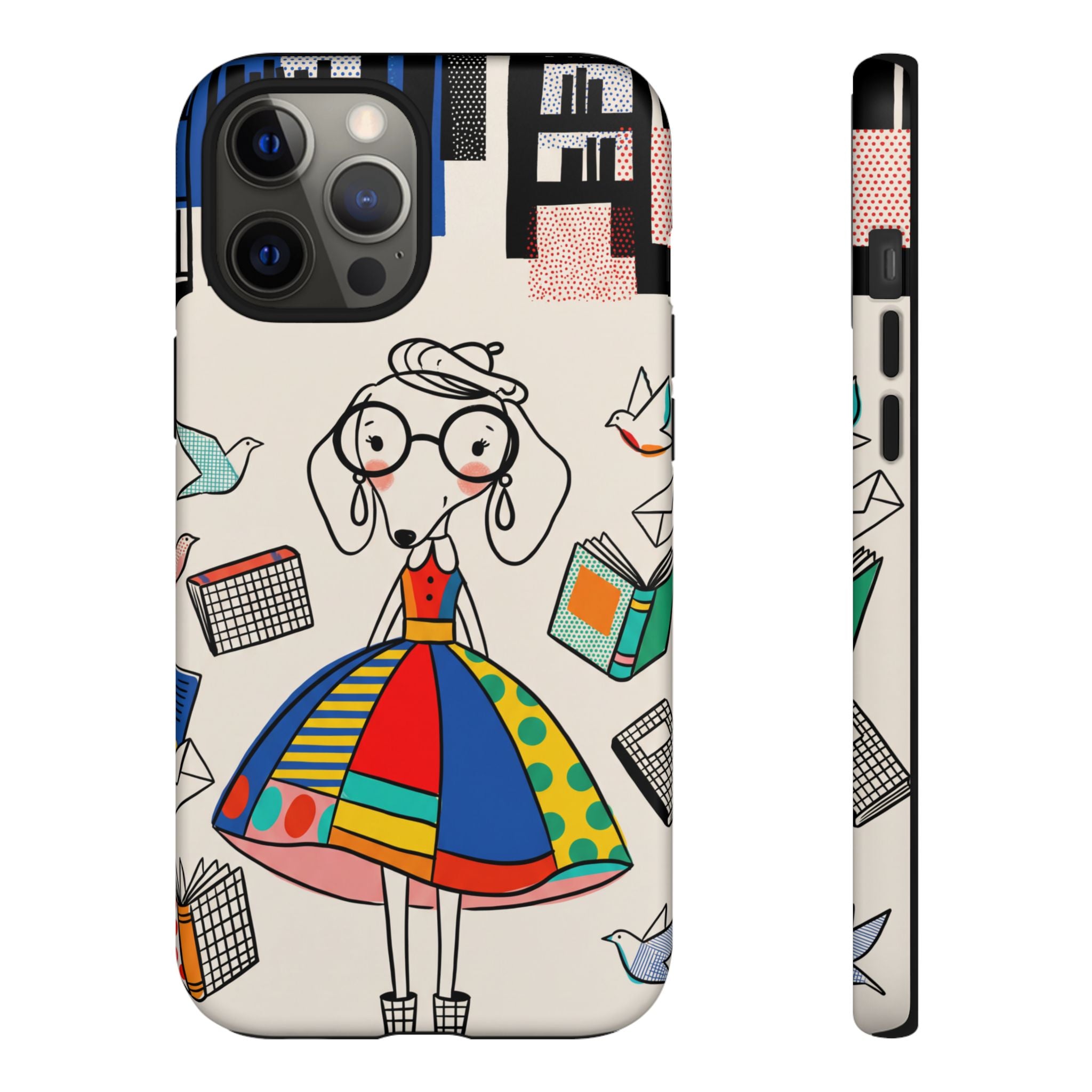Cute Dachshund Dog Illustration iPhone Case | Colorful Whimsical Book & Bird Design