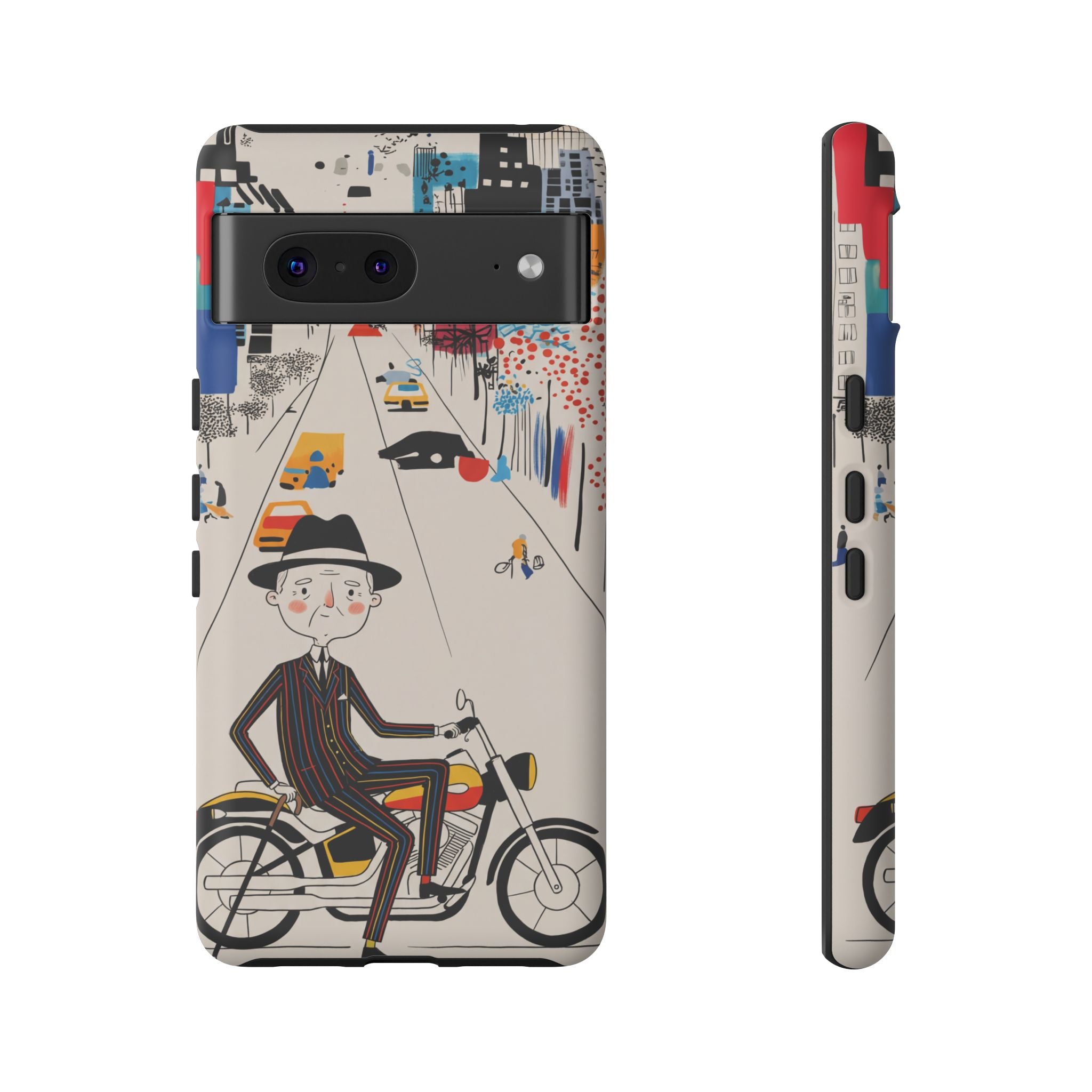 Vintage Grandpa Rider Motorcycle Google Pixel Phone Case | Illustrated Cityscape