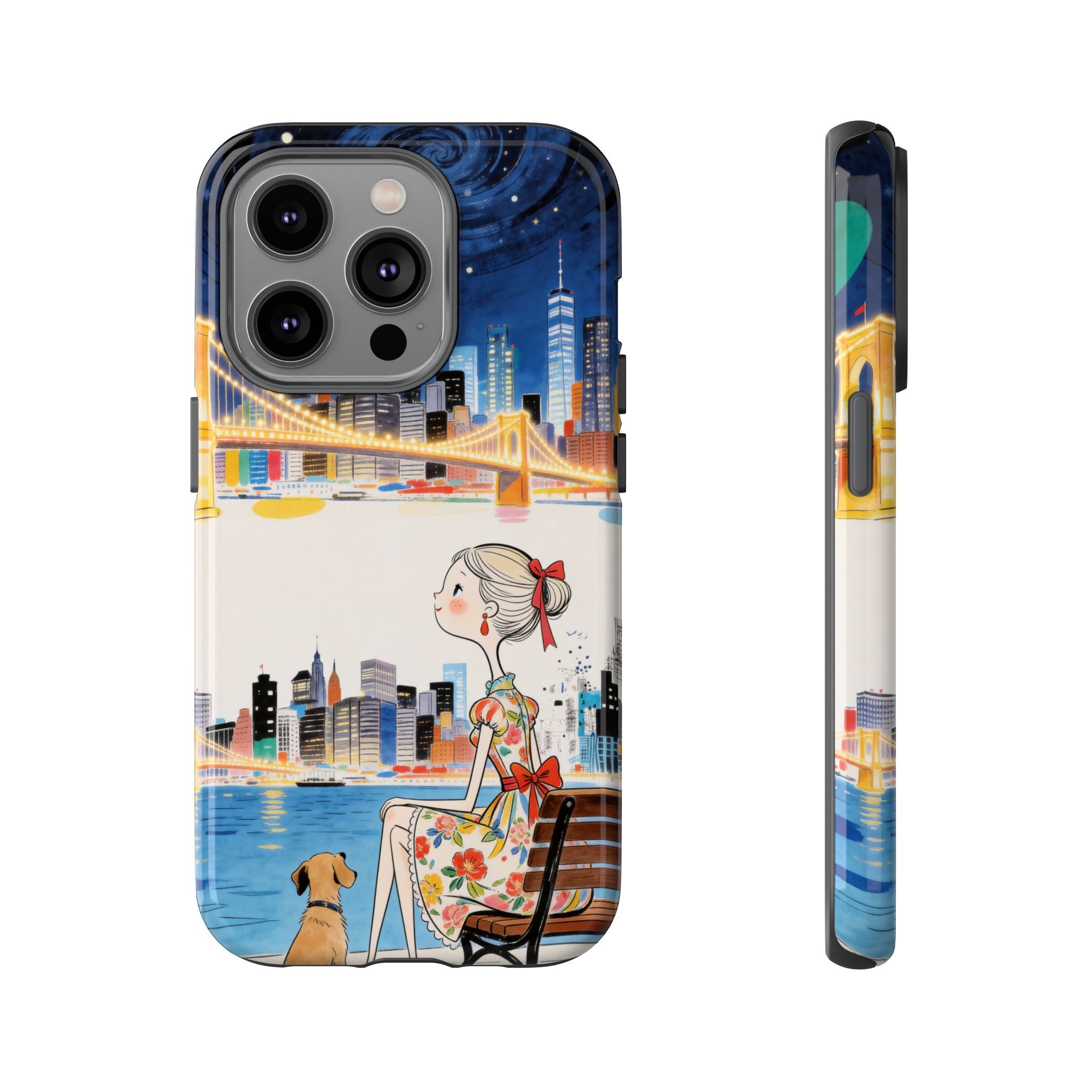 City Night iPhone Case | Cute Girl & Dog Bench Illustration