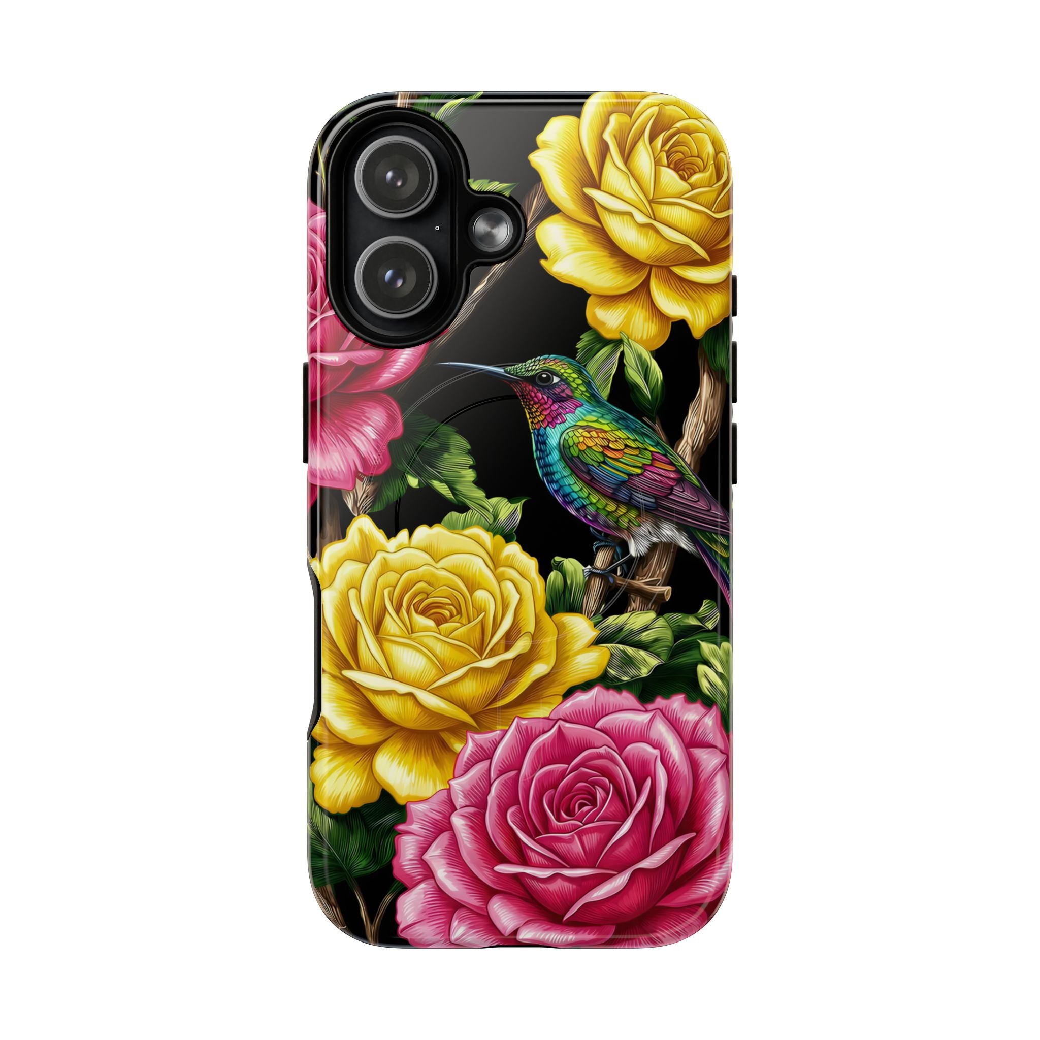 Floral Hummingbird Tough MagSafe iPhone Case | Vibrant Rose & Yellow Garden Protection