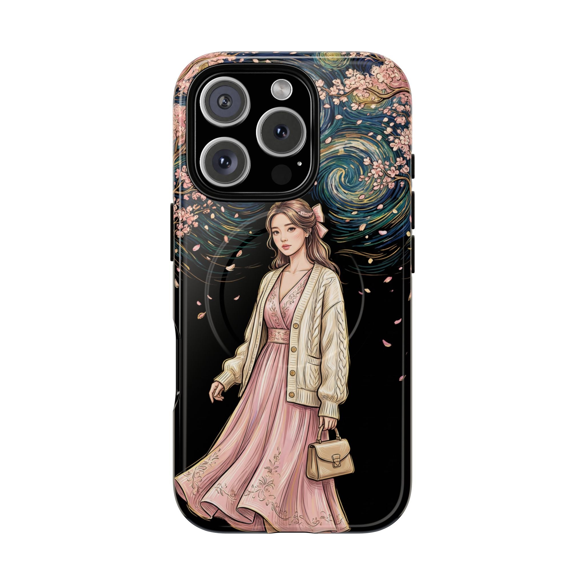 Floral Starry Night MagSafe iPhone Case | Elegant Girl in Pink Dress