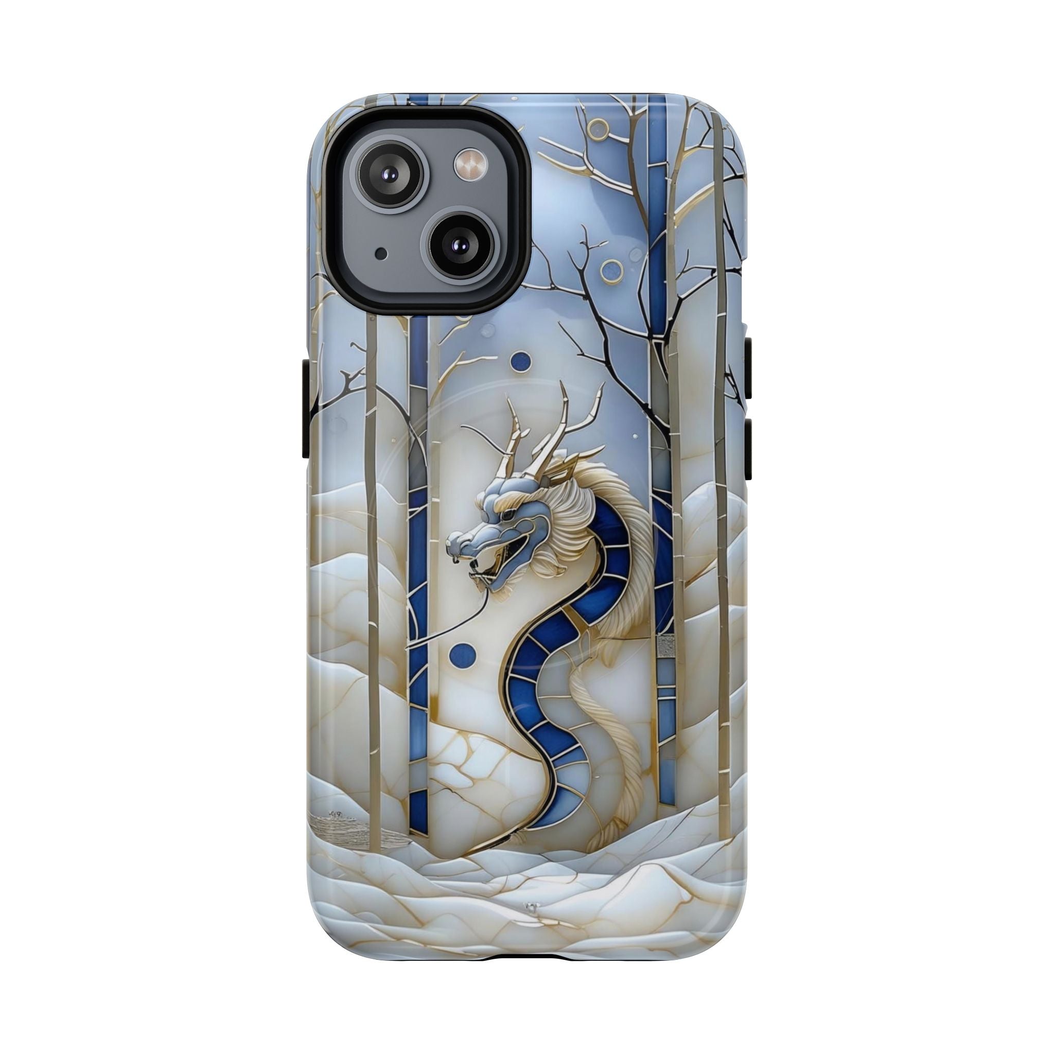 Dragon Stained Glass Tough MagSafe Phone Case — Blue & Ivory Medieval Art