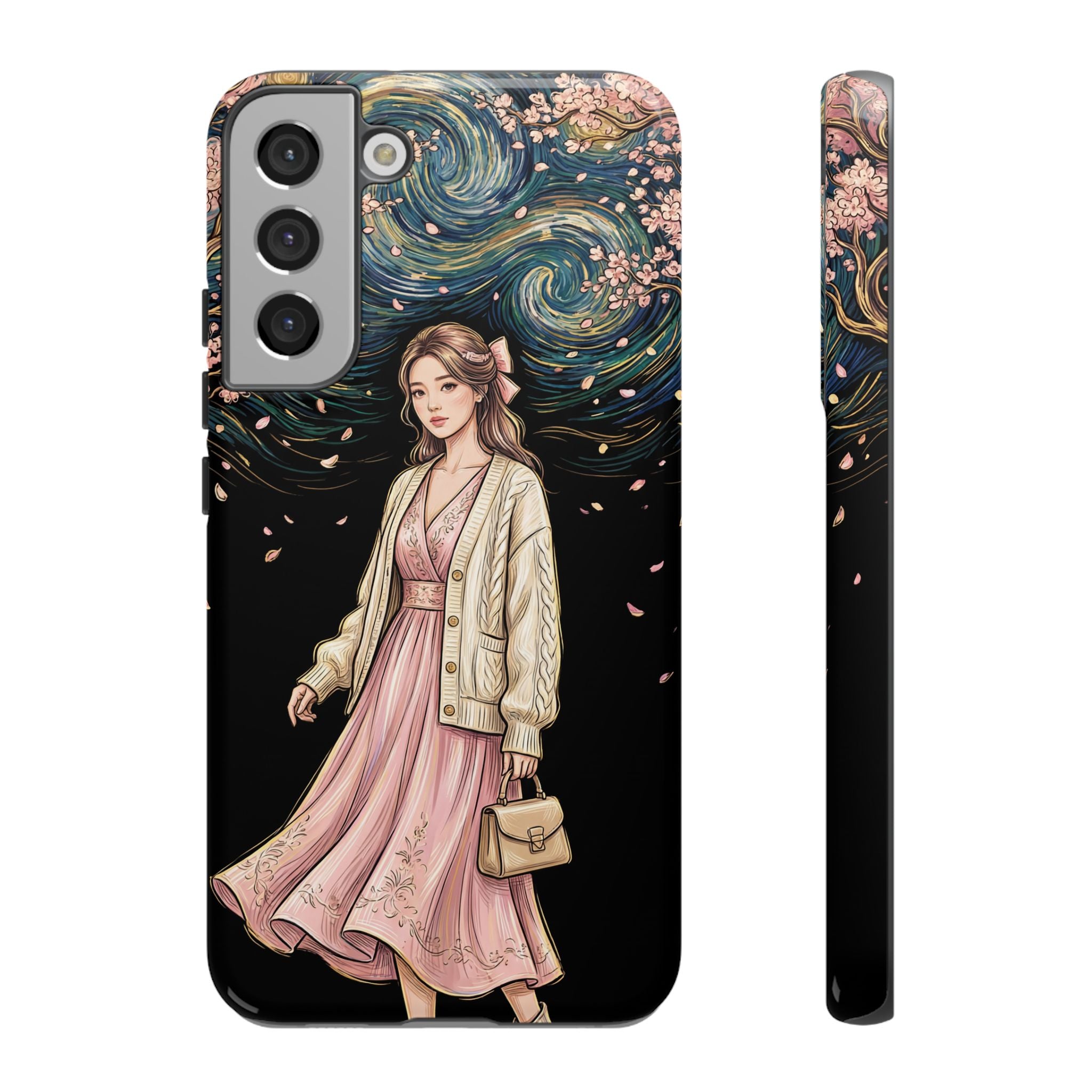Floral Starry Night Samsung Galaxy Phone Case | Elegant Girl in Pink Dress