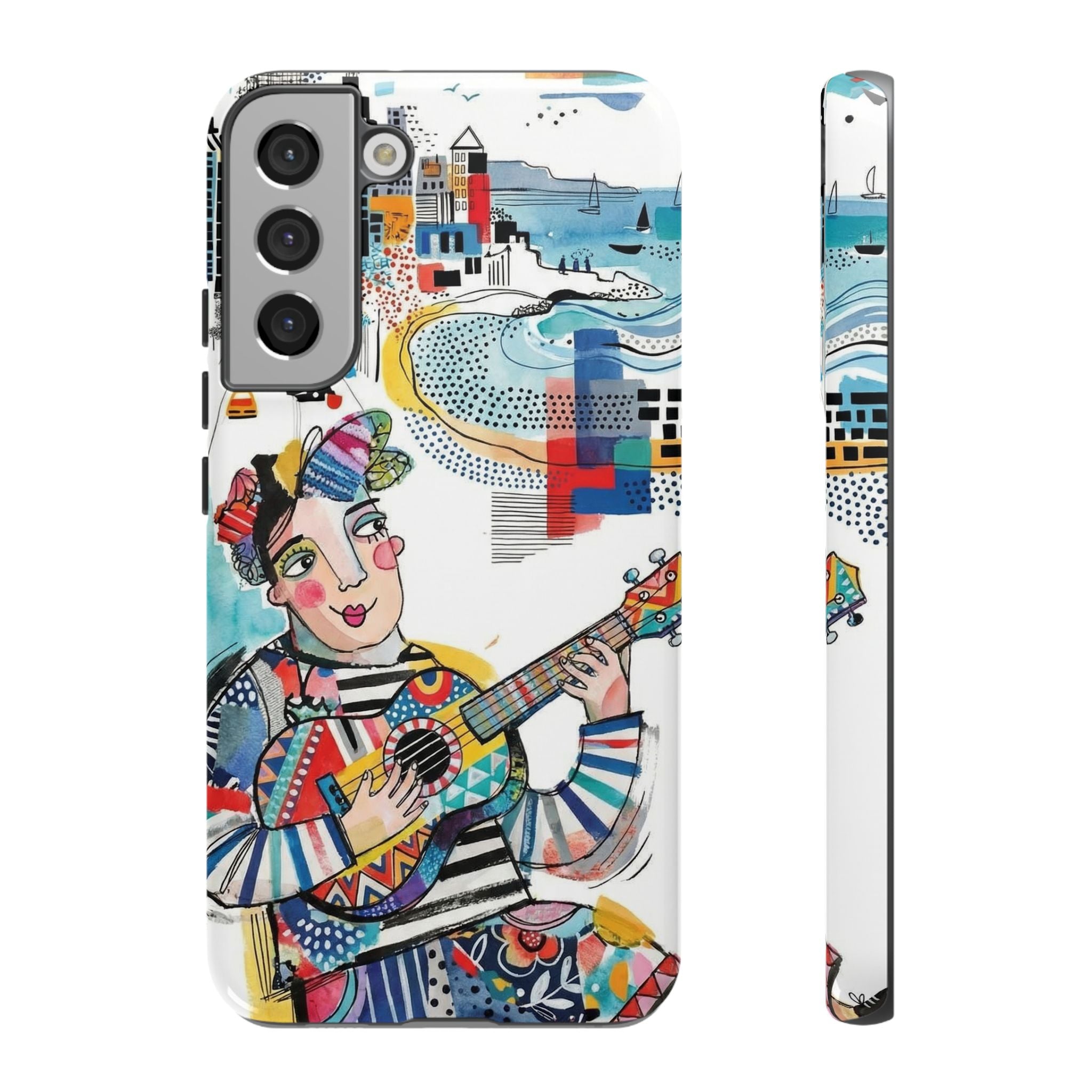 Custodia per Samsung Galaxy per Musicisti Artistici | Custodia Resistente con Chitarra Colorata e Paesaggio Urbano