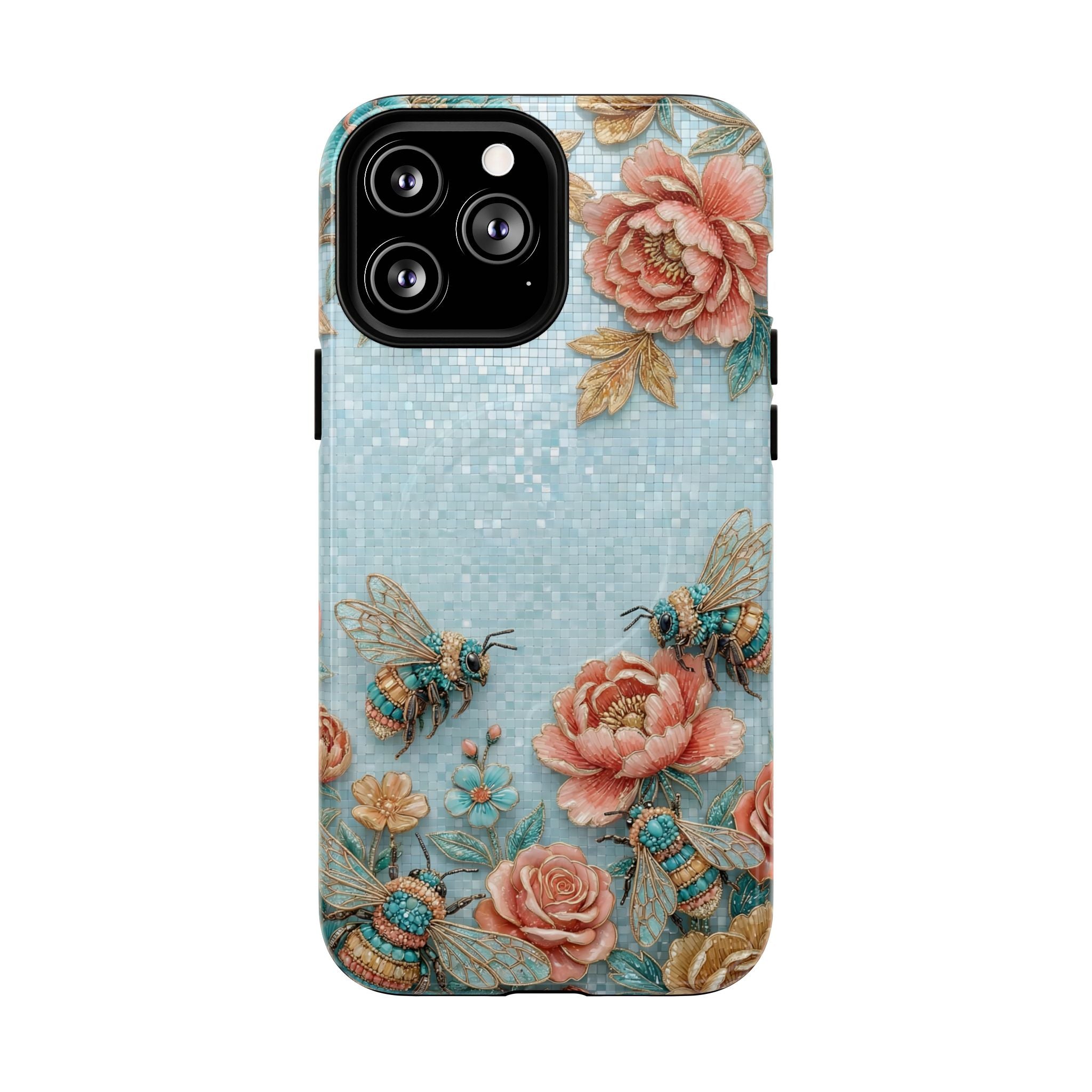 Floral Bees MagSafe iPhone Case | Vintage Rose & Turquoise Protective Cover