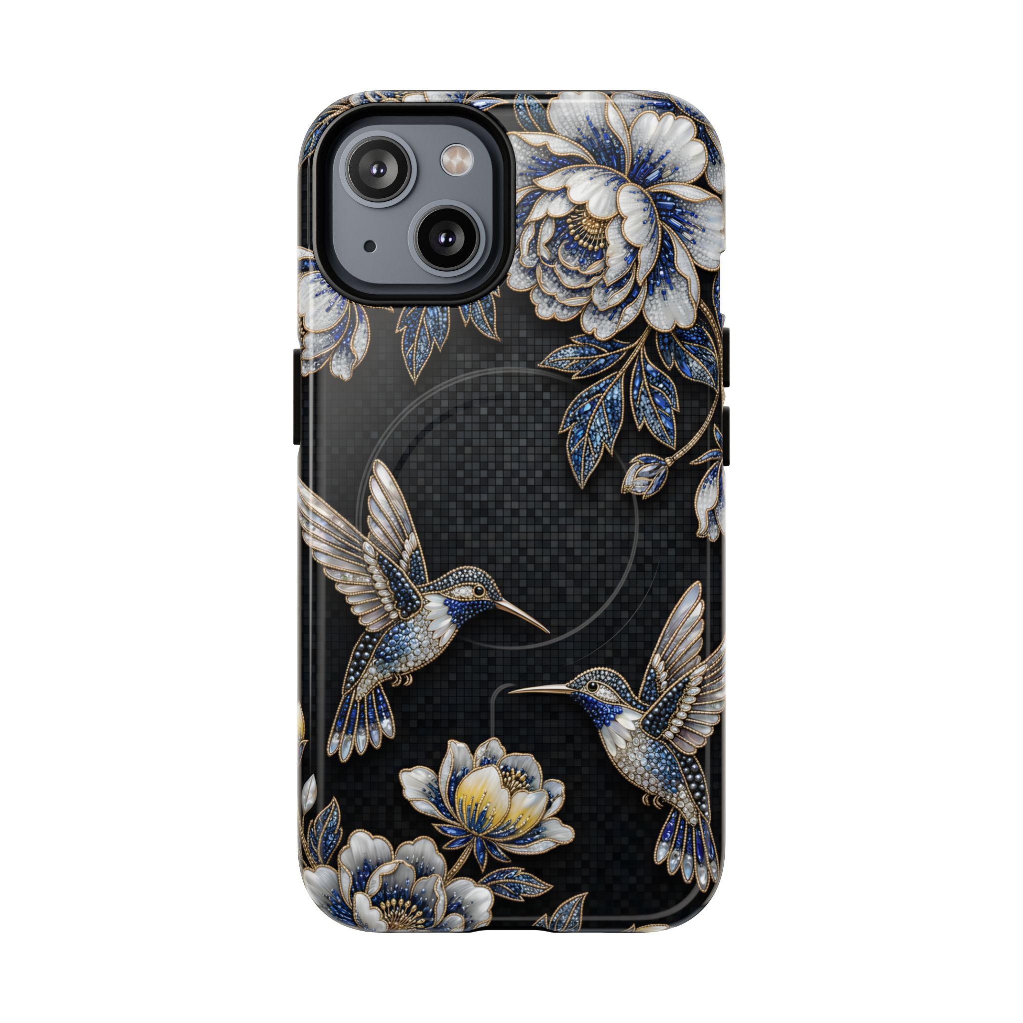 Hummingbird & Peony Floral MagSafe iPhone Case | Elegant Black Protective Cover