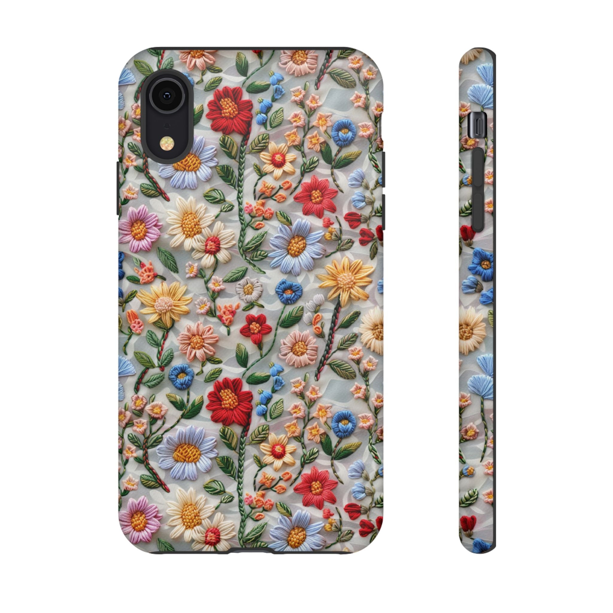 Floral Embroidered Pattern Tough iPhone Case — Colourful Daisy & Wildflower Design