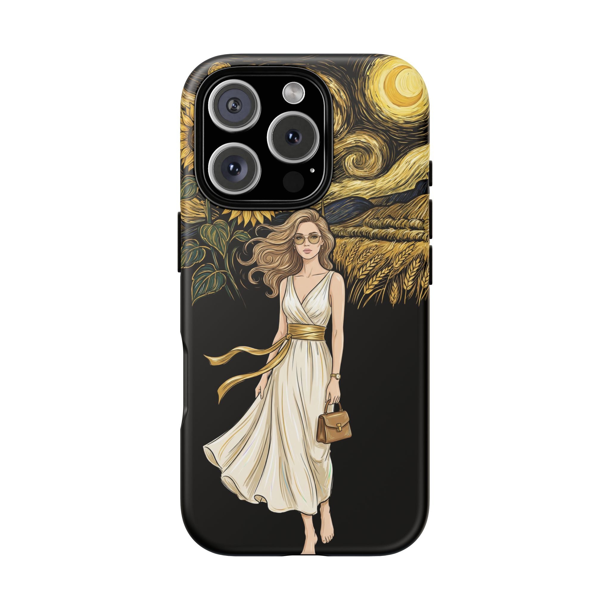 Sunflower Night iPhone Case | Woman in Flowing Dress Van Gogh Style