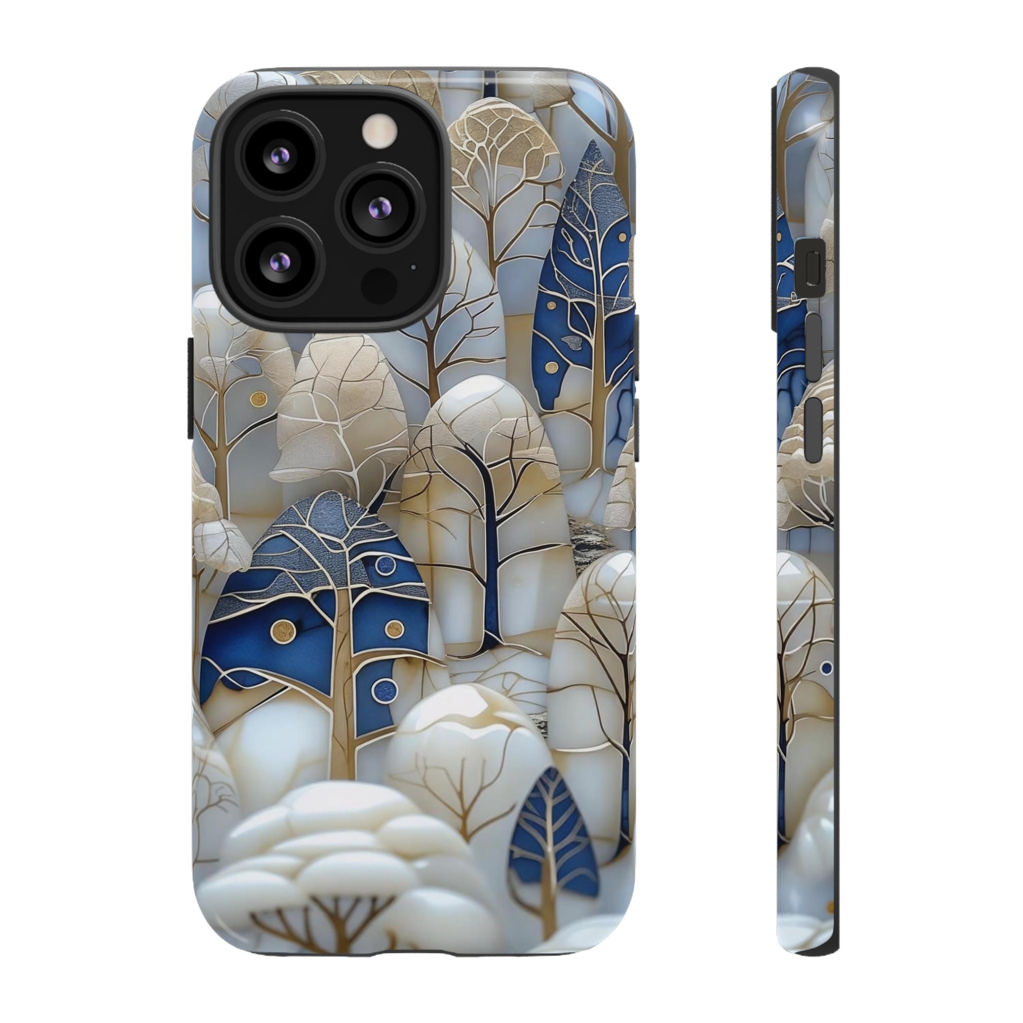 Blue Gold Winter Forest iPhone Case — Elegant Tree Pattern Tough Case
