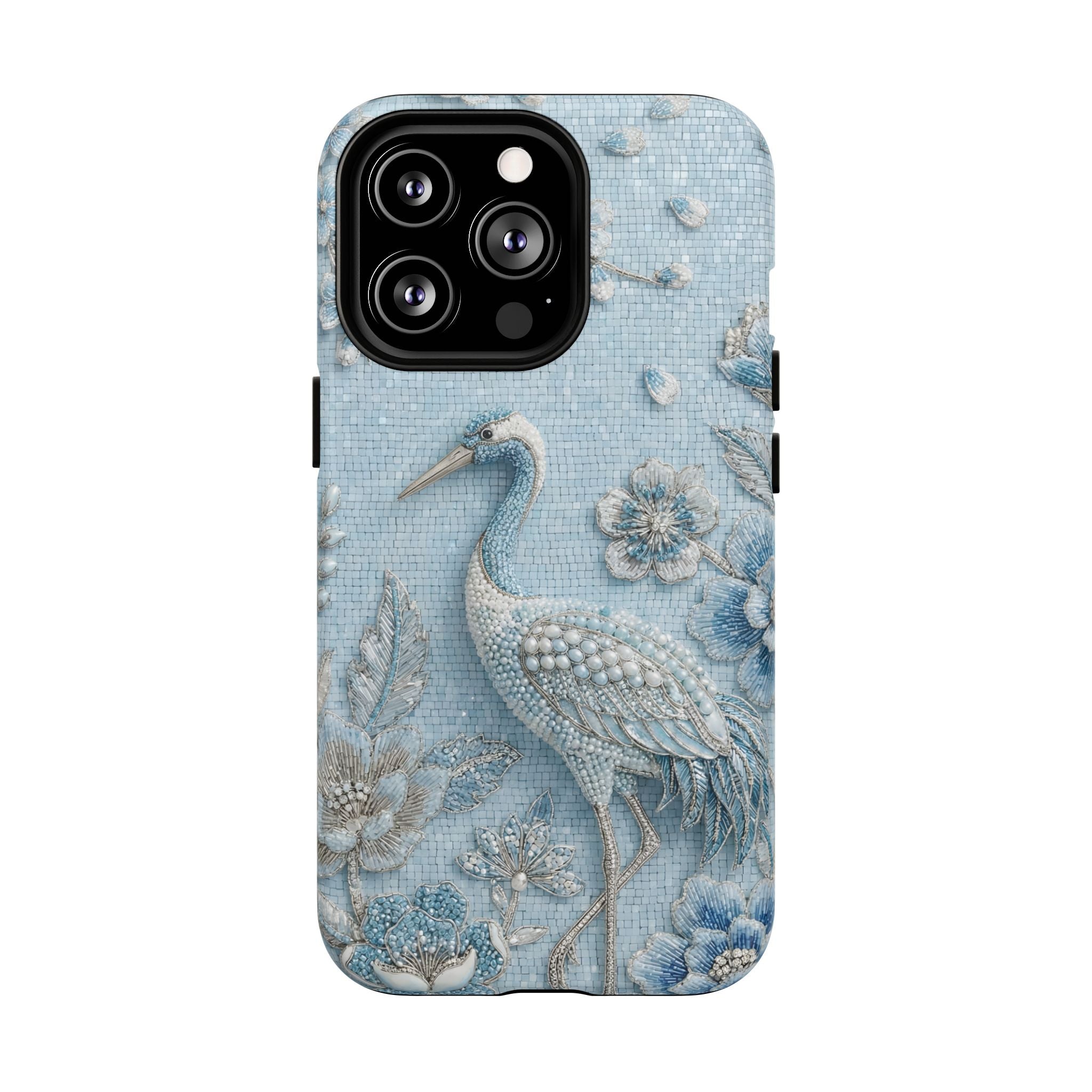 Blue Crane Floral MagSafe iPhone Case | Vintage Embossed Bird Design