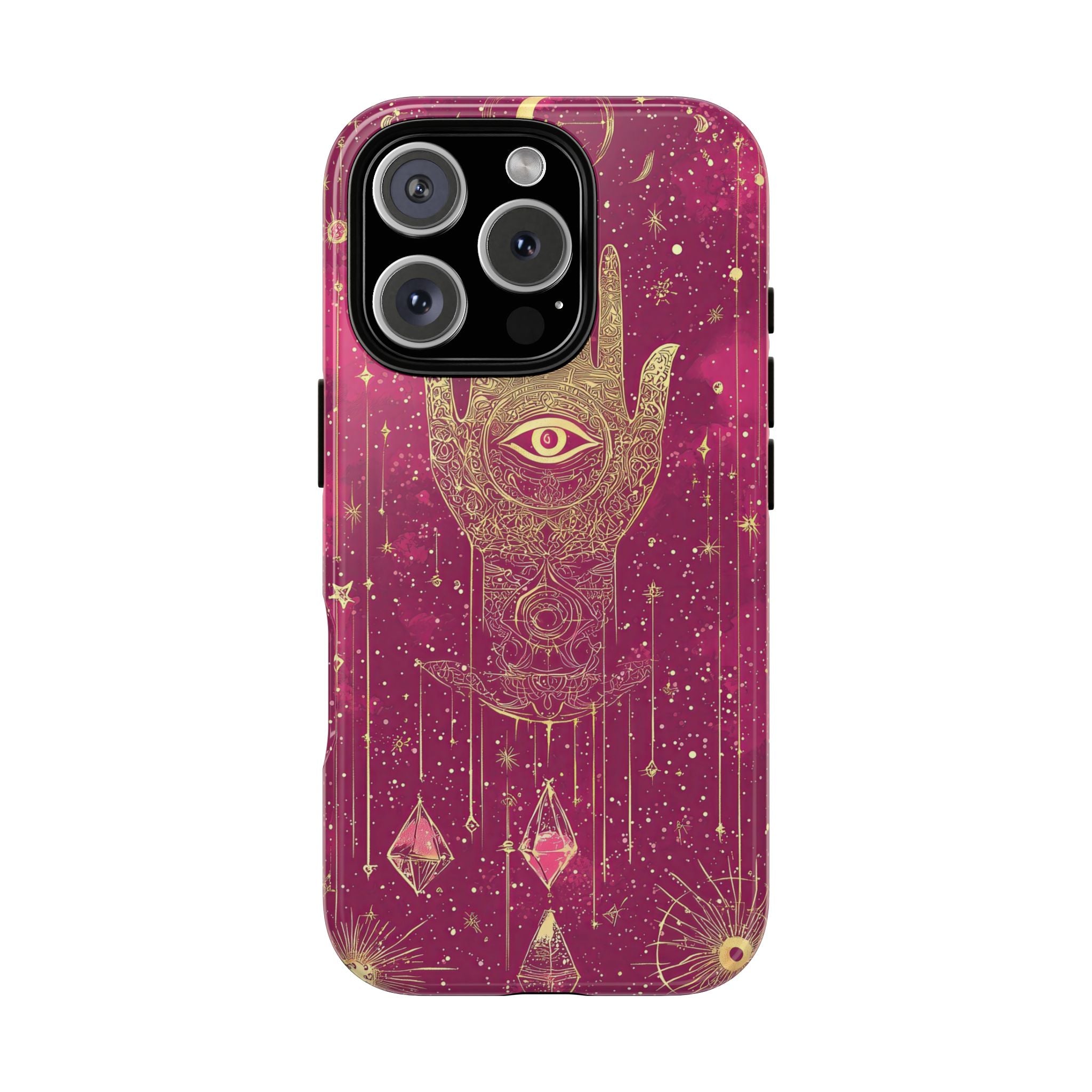Mystic Hamsa iPhone Case | Gold Palm & All-Seeing Eye on Magenta Galaxy
