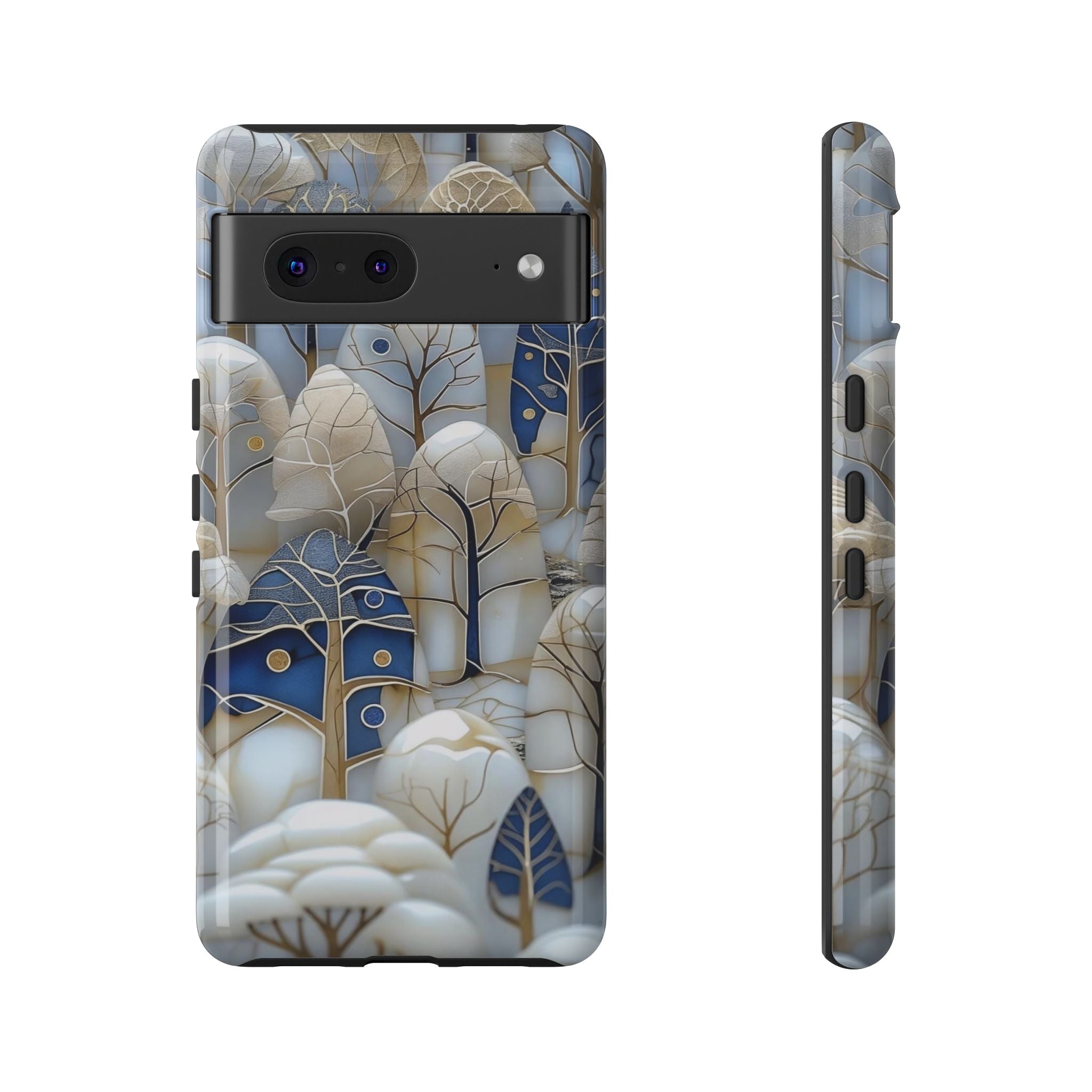 Blue Gold Winter Forest Google Pixel Case — Elegant Tree Pattern Tough Case