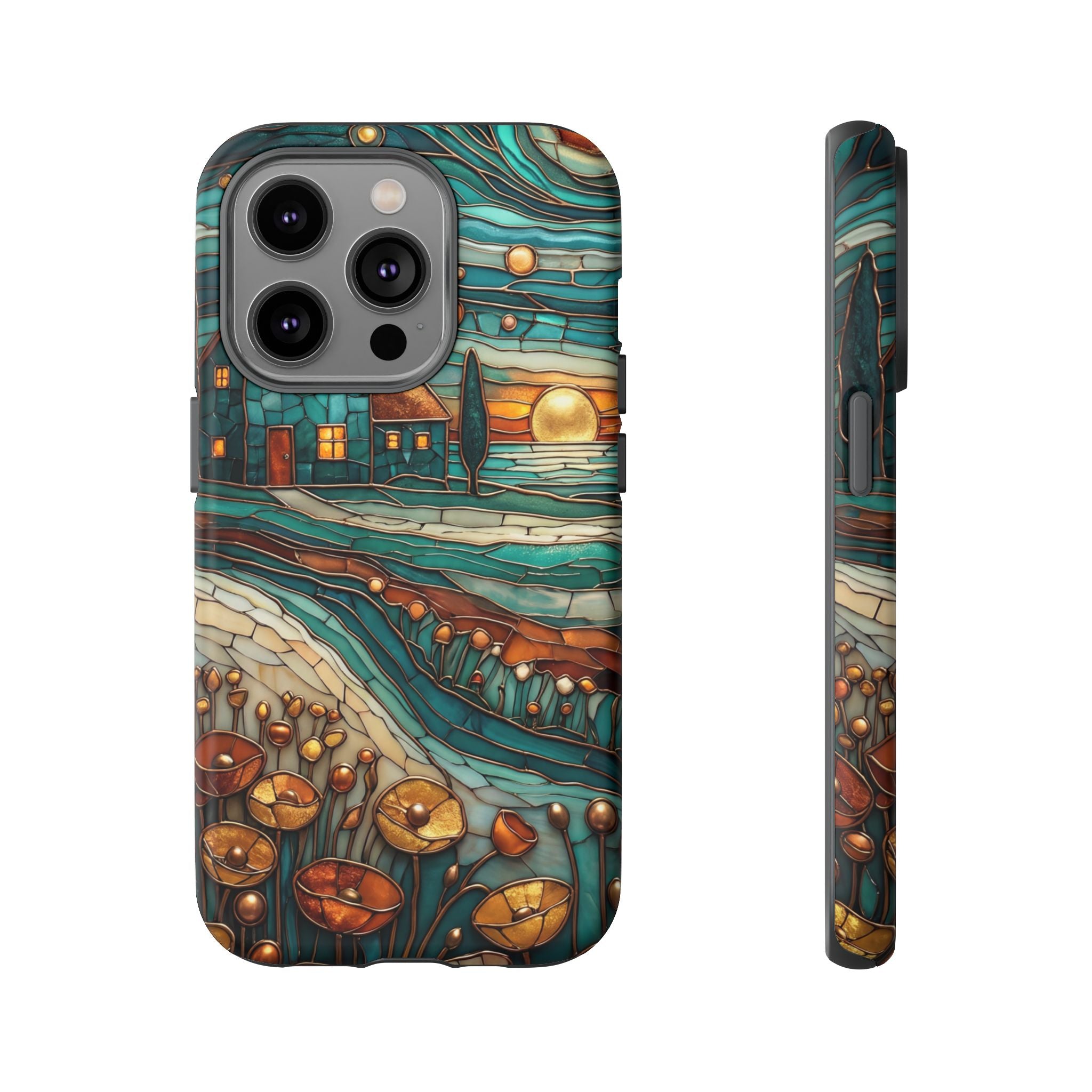 Artistic Sunset Cottage iPhone Case | Whimsical Floral Landscape Protective Cover